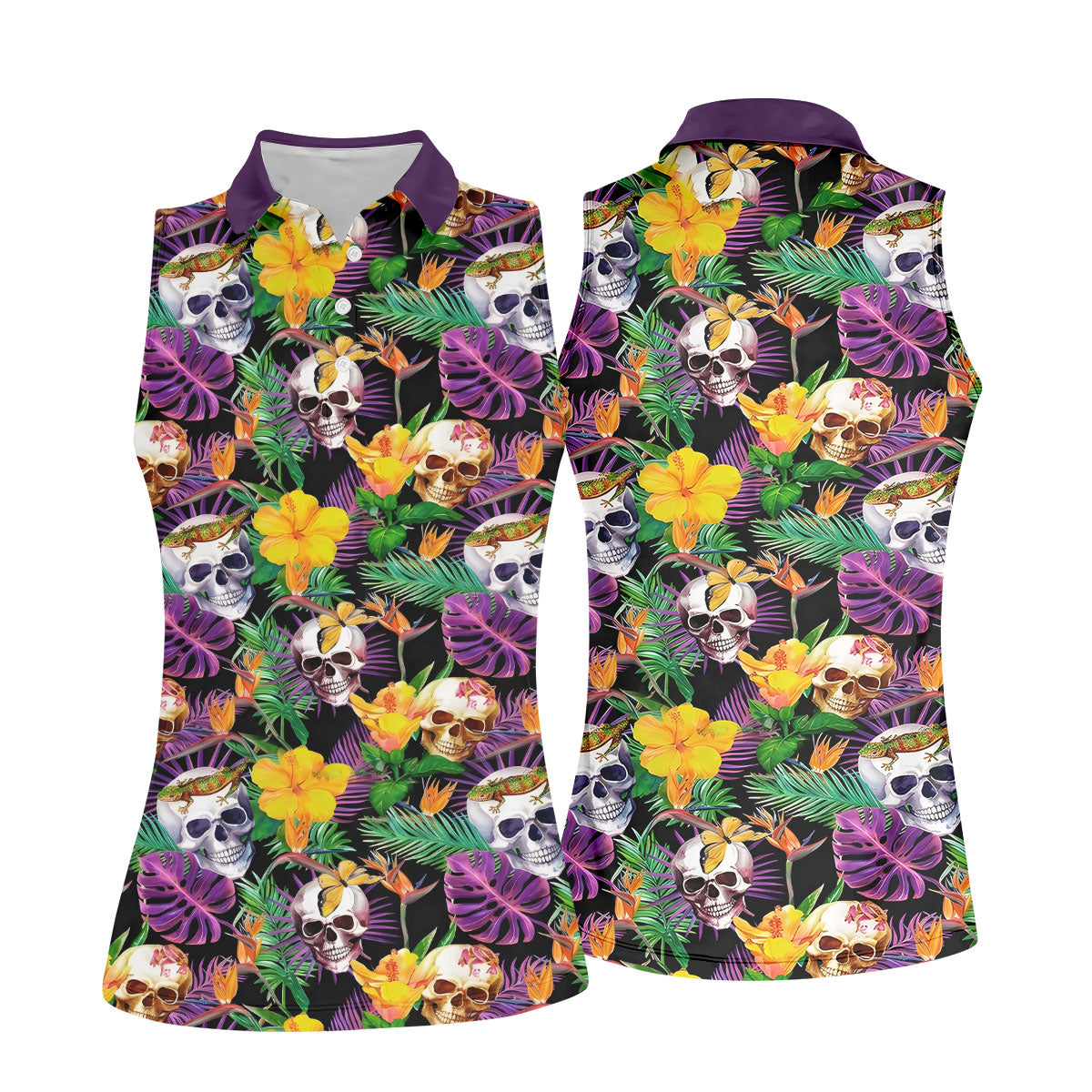 Tropical Sugar Skull Floral Golf Polo Shirt, Golf Tops For Women, Performance Golf Shirt