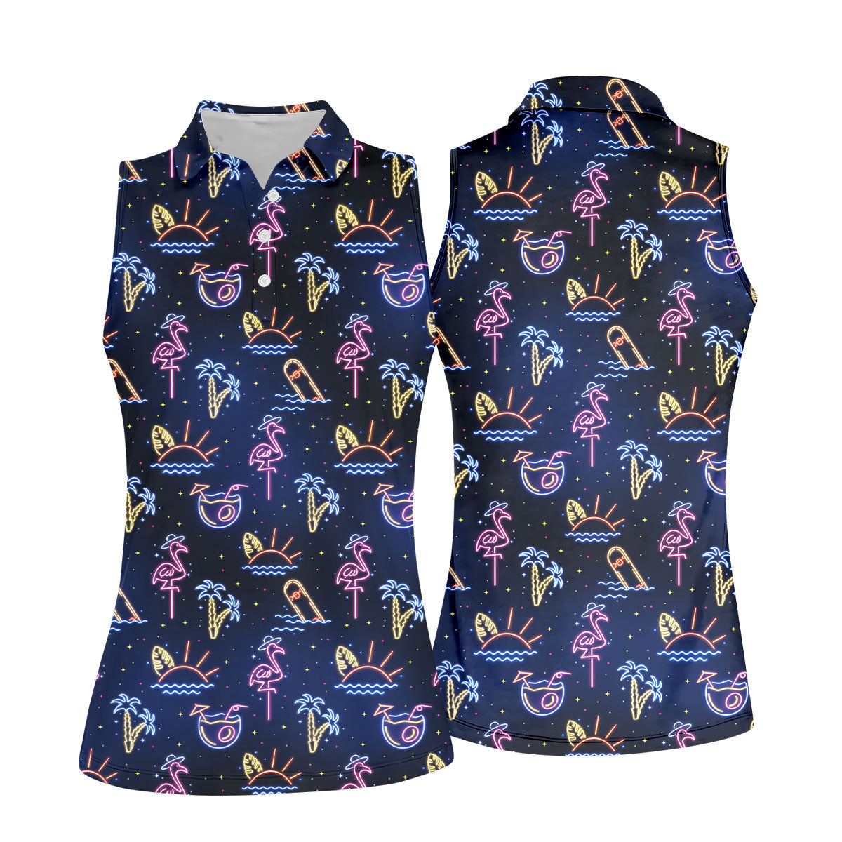 Neon Tropical Flamingo Sunset Cocktail Night Golf Polo, Hawaiian Golf Shirt, Ladies Golf Shirt