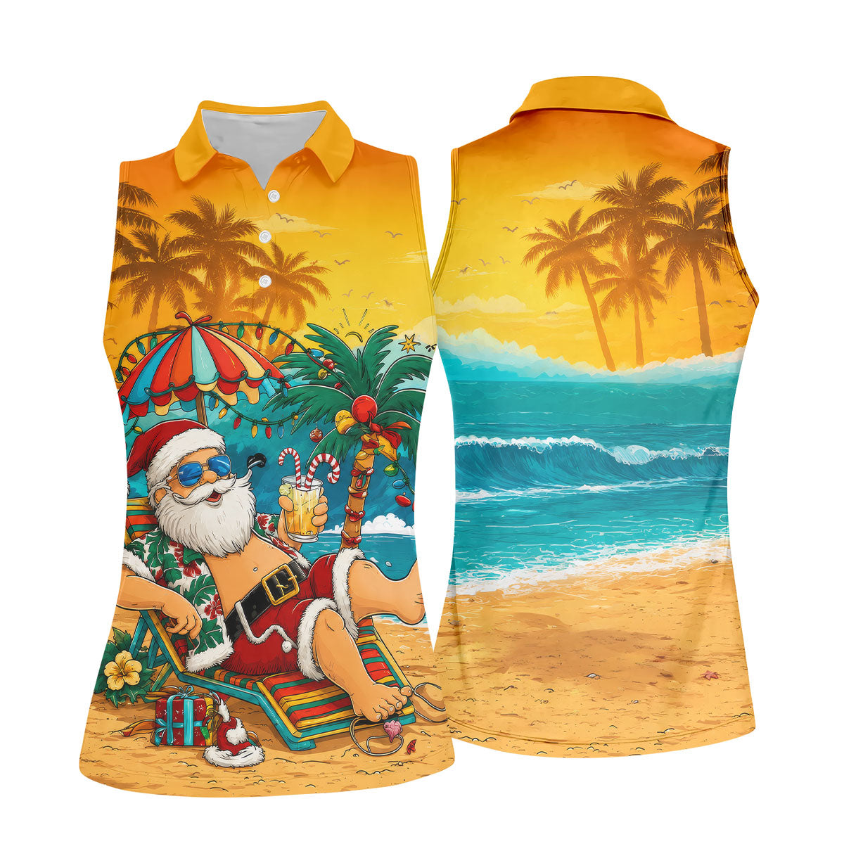 Beach Chair Santa Christmas Golf Shirt, Women's Golf Tops, Hawaiian Golf Shirt, Golf Shirts For Women