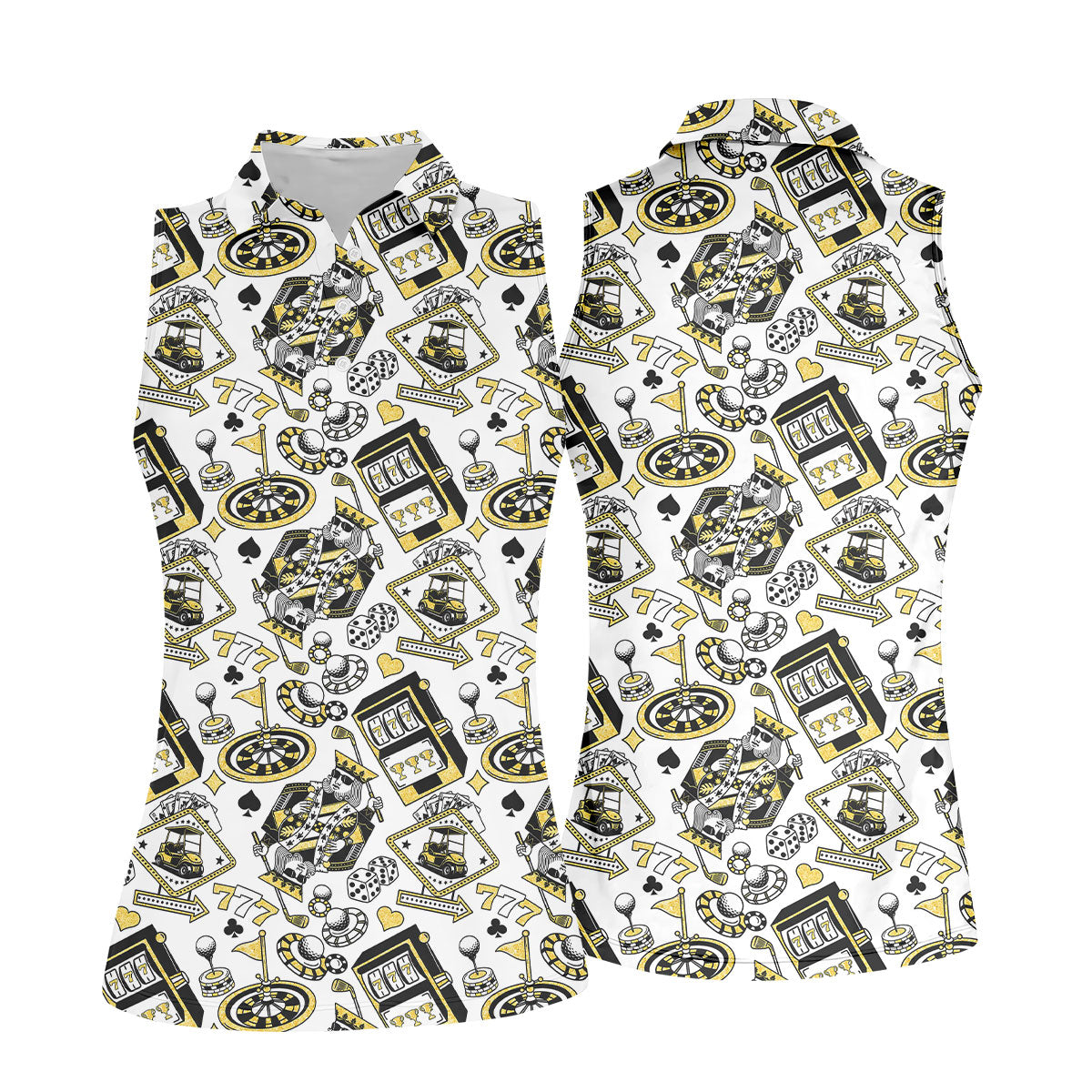 Casino Golf Pattern White Hawaiian Golf Polo Shirt, Women's Golf Tops, Golf Polo For Women
