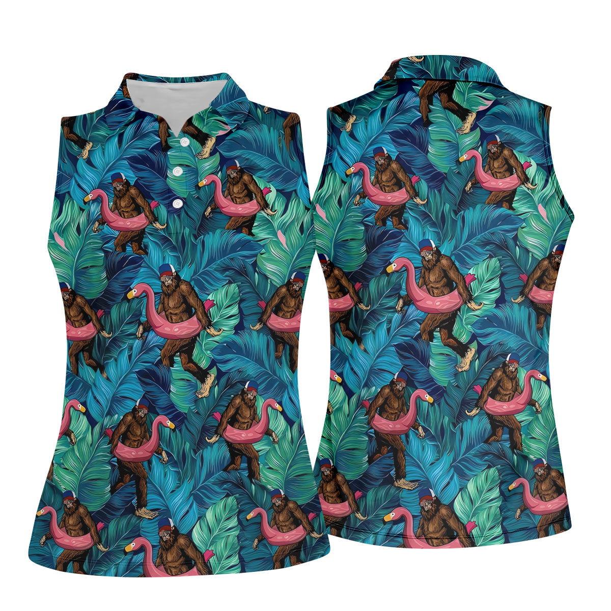 Bigfoot Flamingo Float Tropical Golf Polo Shirt, Golf Shirts For Women, Ladies Golf Tops