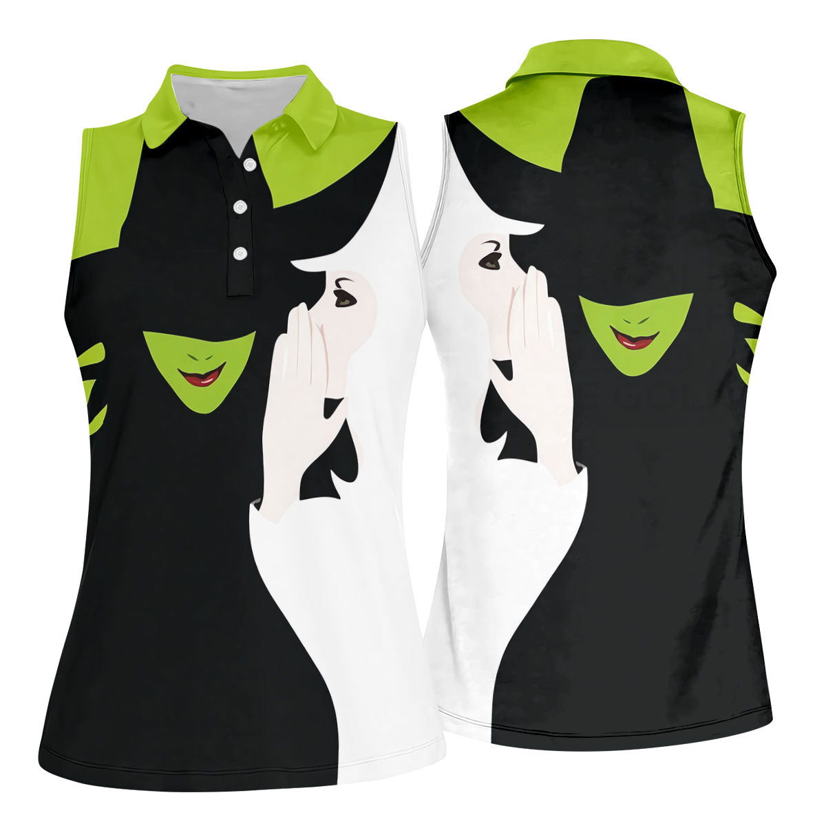 Green & White Witch Faces Halloween Golf Polo Shirt, Golf Tops For Women, Women's Golf Polo