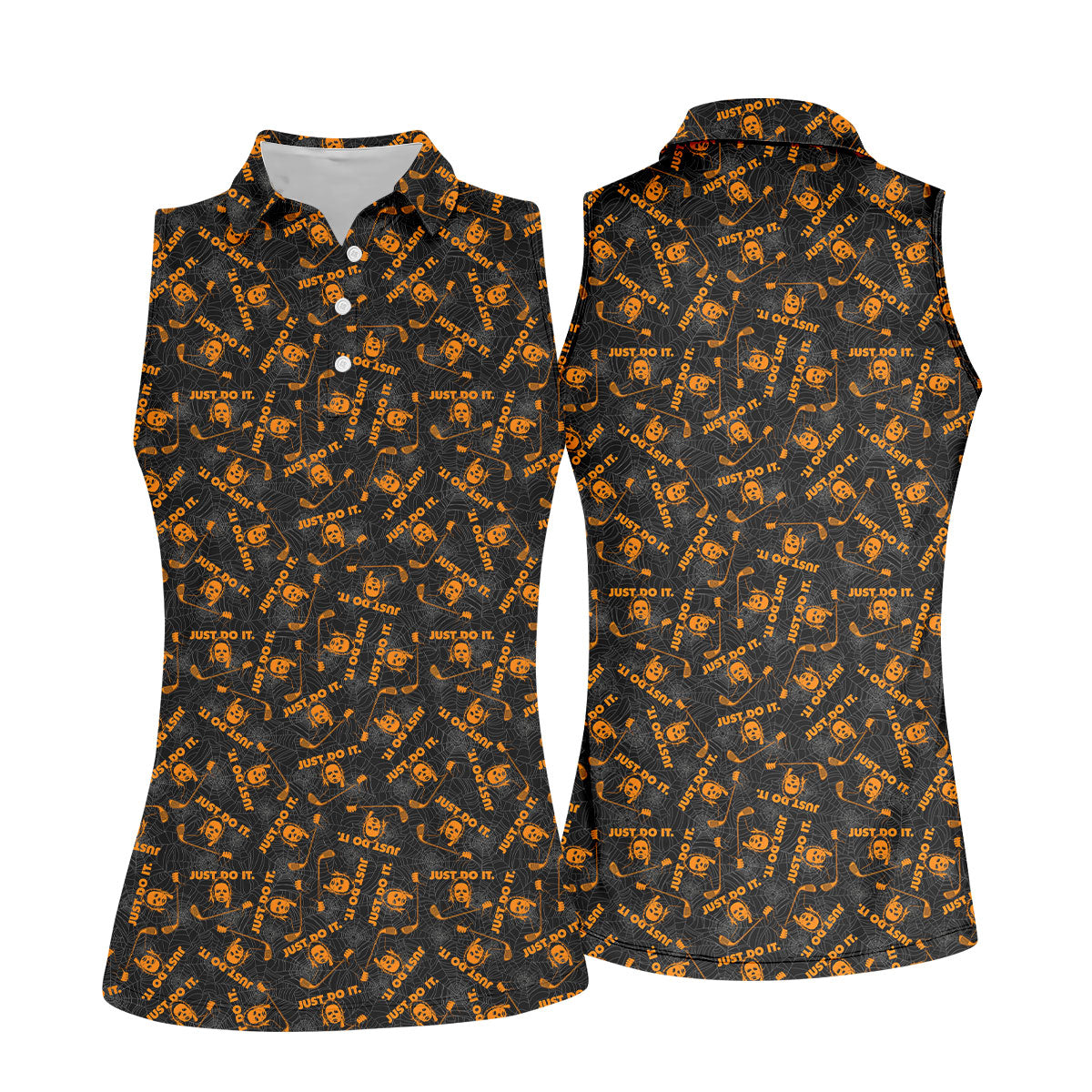 Horror Character Spider Web Pattern Halloween Polo Shirt, Women's Golf Tops, Golf Polo For Women