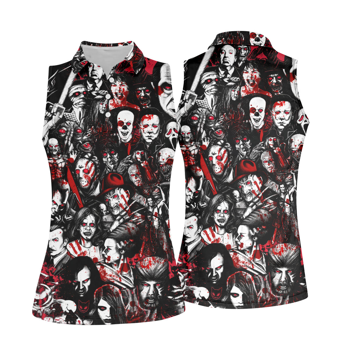 Horror Character Pattern Golf Polo Shirt, Women's Golf Apparel, Halloween Tops For Women
