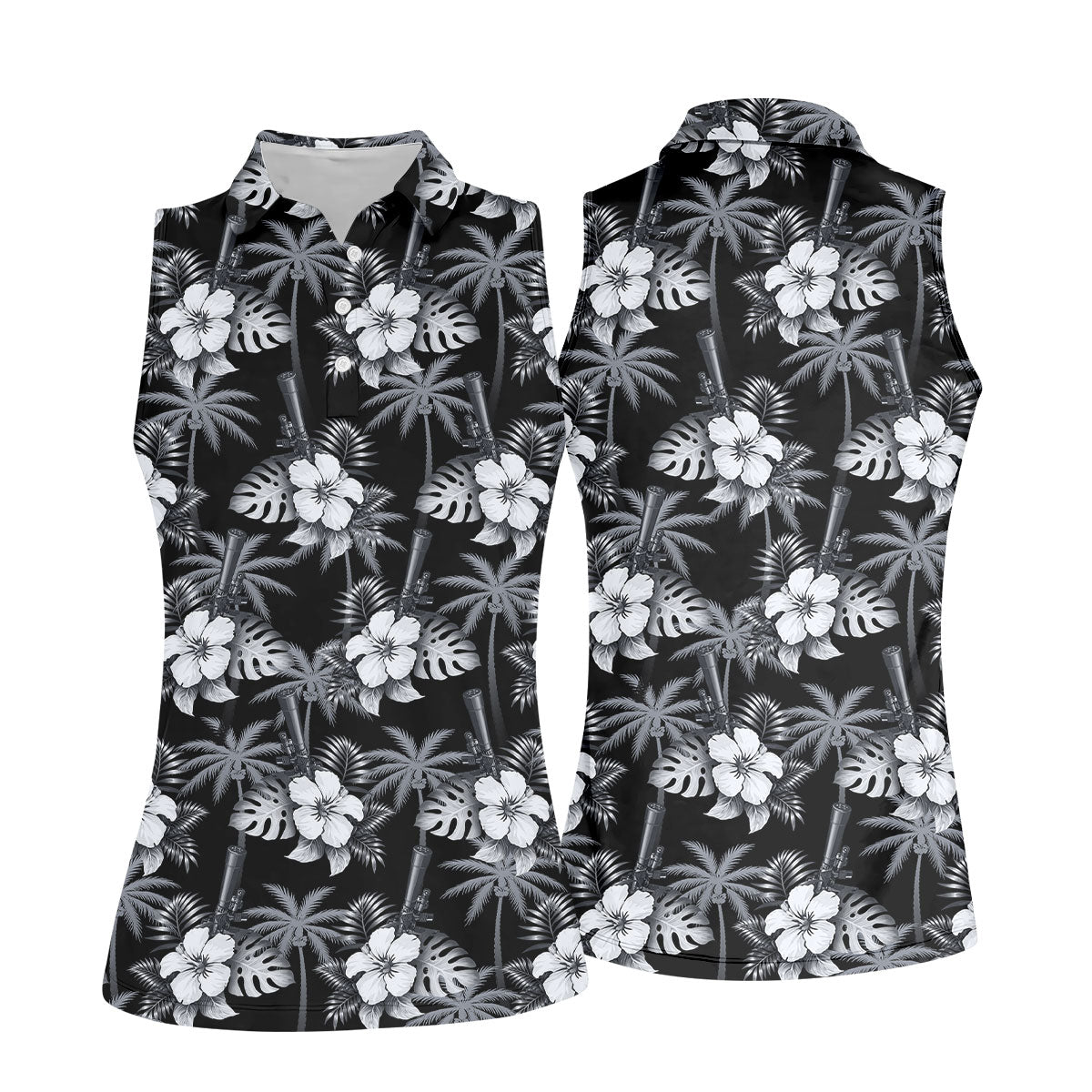 White Hibicus Black Hawaiian Golf Shirt, Tropical Summer Theme Golf Shirt For Women