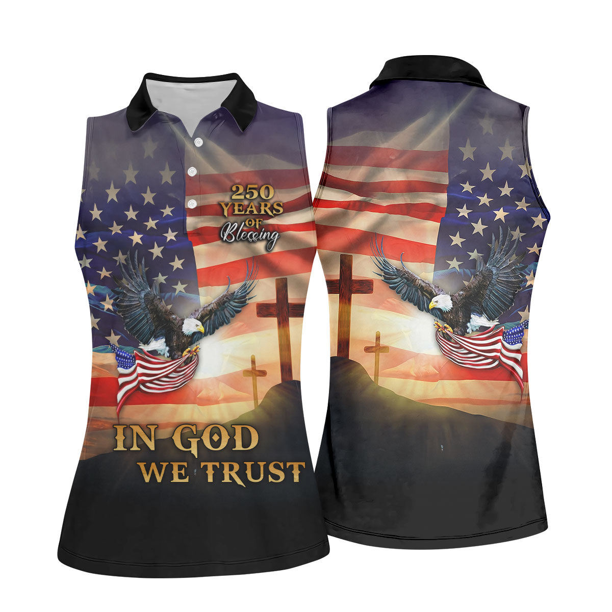 250 Years Of Blessing In God We Trust Faith Cross Patriotic 4th Of July Golf Shirt For Women
