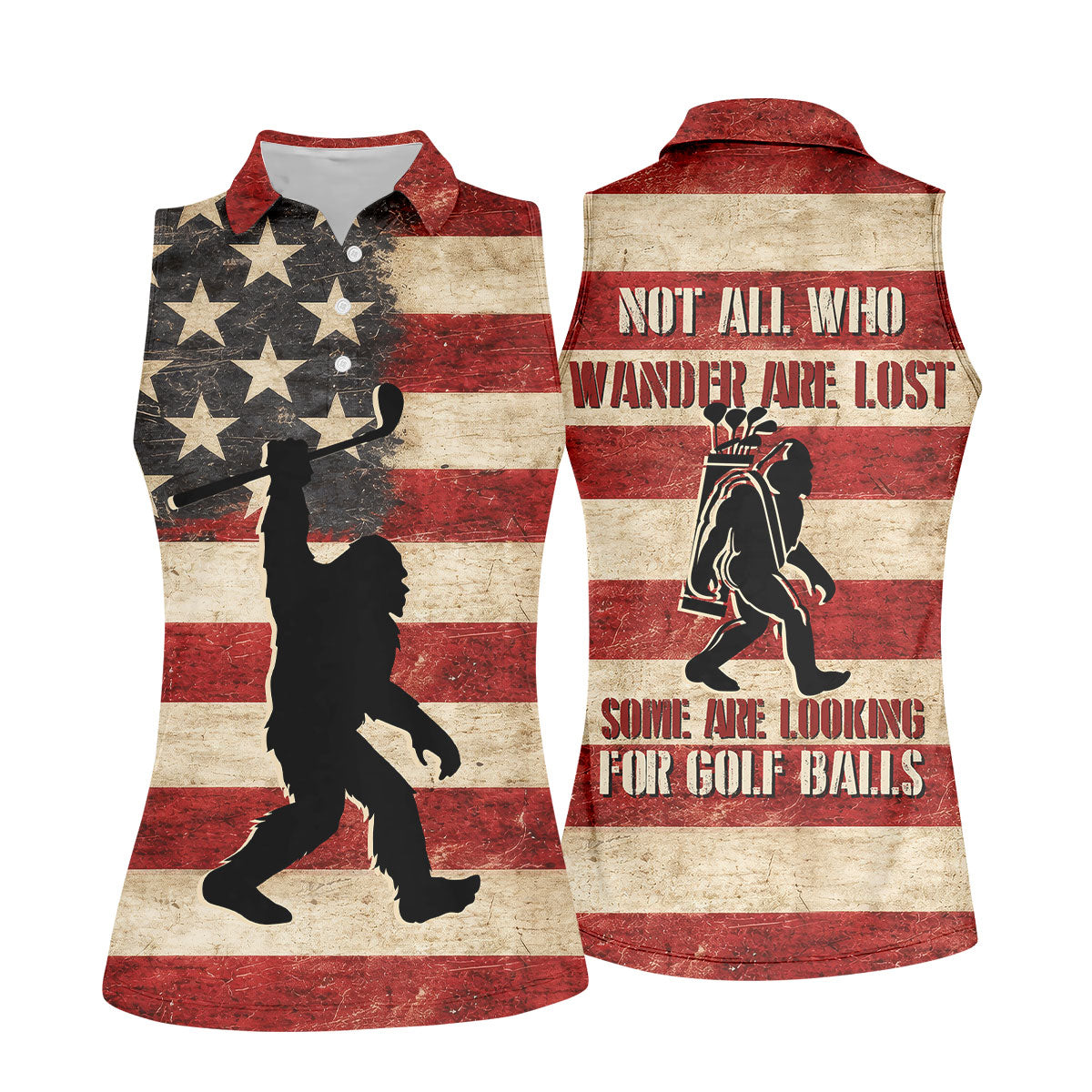 Vintage American Flag Bigfoot Golfer Polo Shirt, Women’s Golf Polo, Golf Tops For Women