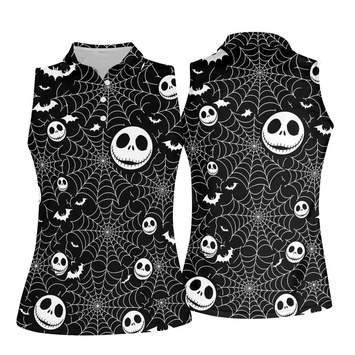 Black Horror Character Spider Web Pattern Golf Polo Shirt, Women's Golf Polo, Ladies Golf Shirts