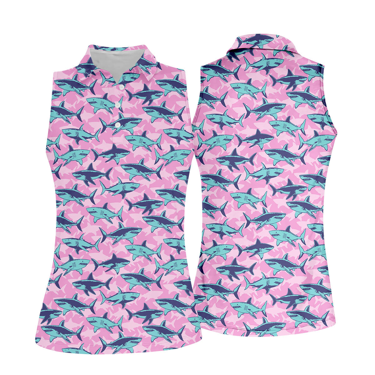 Shark Pattern Hawaiian Golf Shirt, Pink Golf Shirt, Golf Shirt For Women, Golfing Apparel