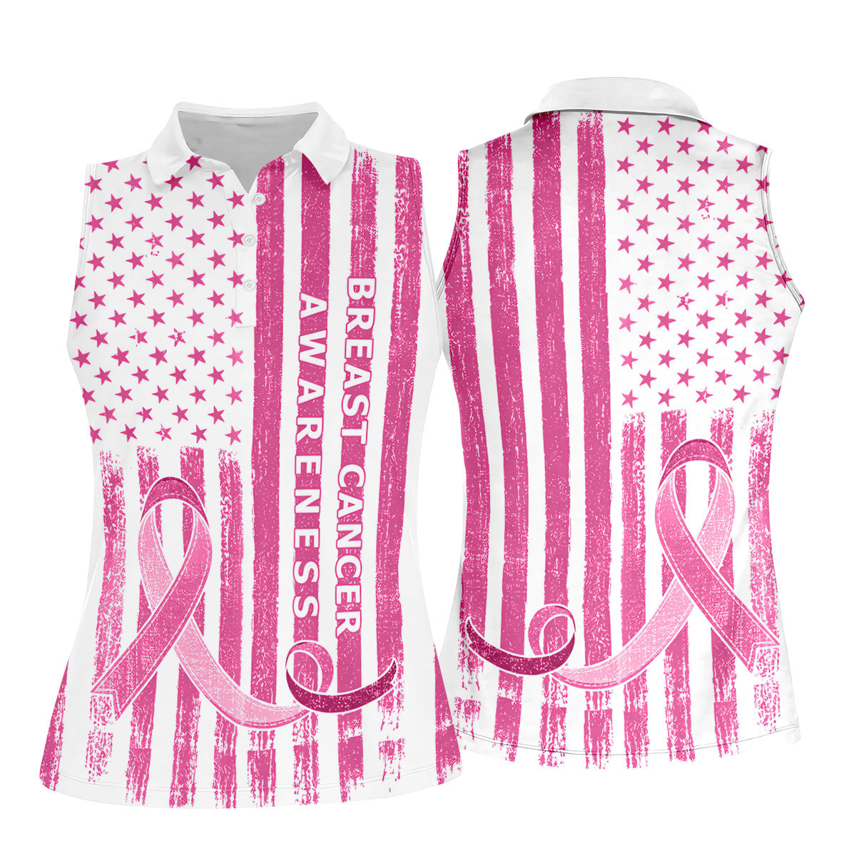 American Flag Breast Cancer Ribbon Polo Shirt, Women’s Golf Polo, Ladies Golf Tops