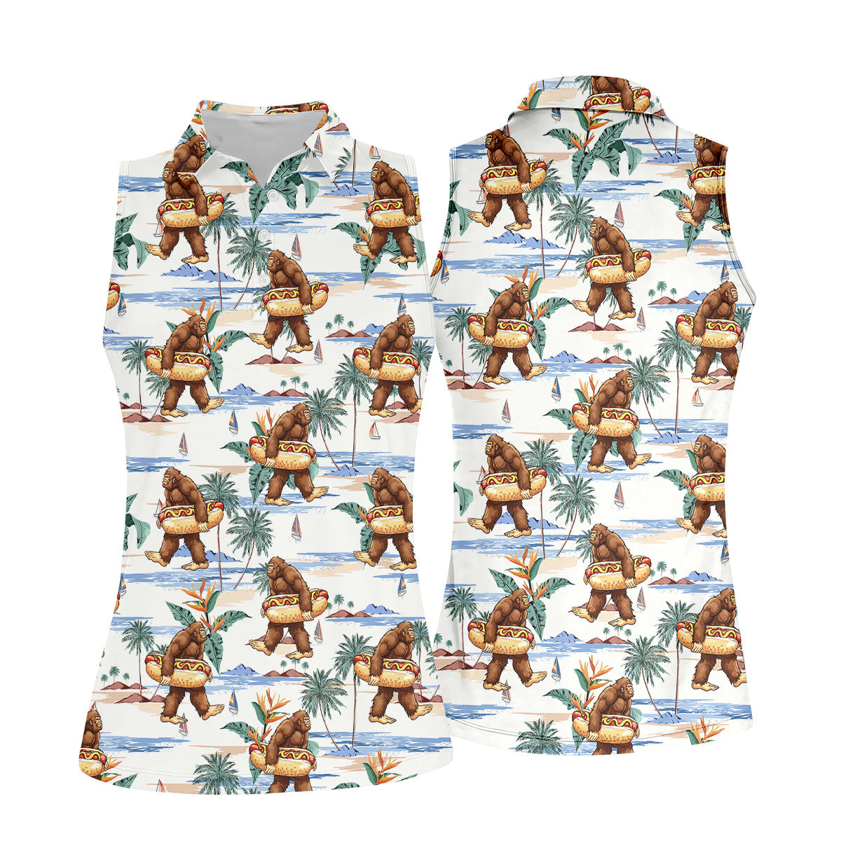Bigfoot Hot Dog Beach Hawaiian Shirt, Women’s Golf Polo, Golf Tops For Women, Women’s Golf Apparel