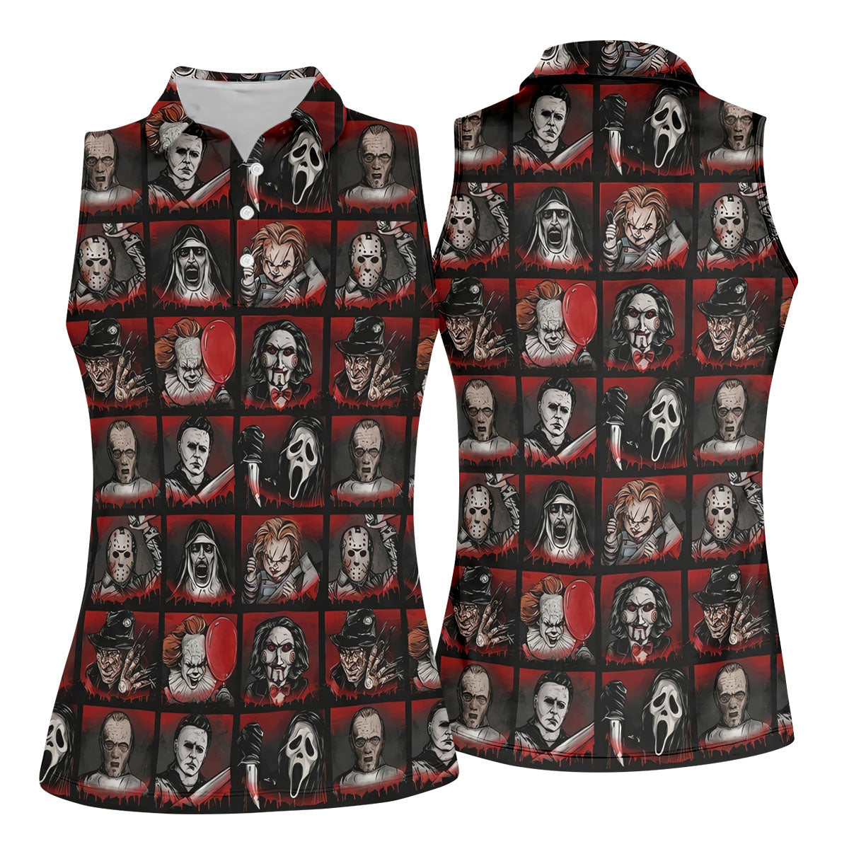 Horror Character Grid Halloween Golf Shirt, Ladies Golf Shirts, Women’s Golf Apparel