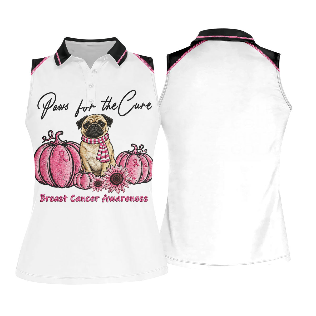 Paws For The Cure Pug Breast Cancer Polo Shirt, Ladies Golf Shirt, Women's Golf Tops