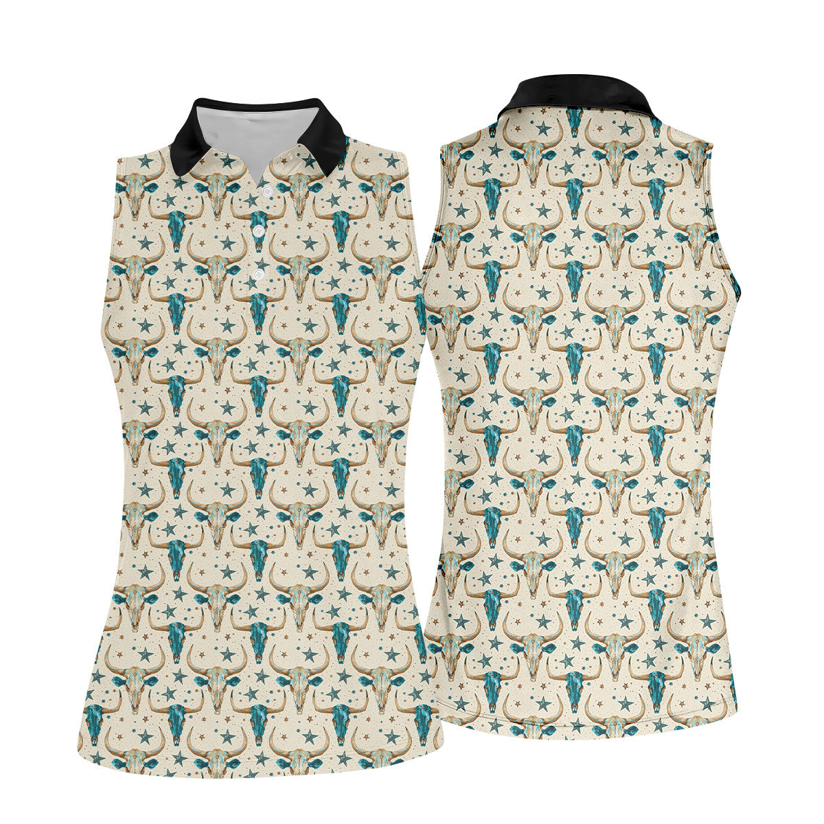 Cow Skulls Turquoise And Beige Western Theme Women Golf Top, Ladies Golf Shirts, Golf Shirt For Women