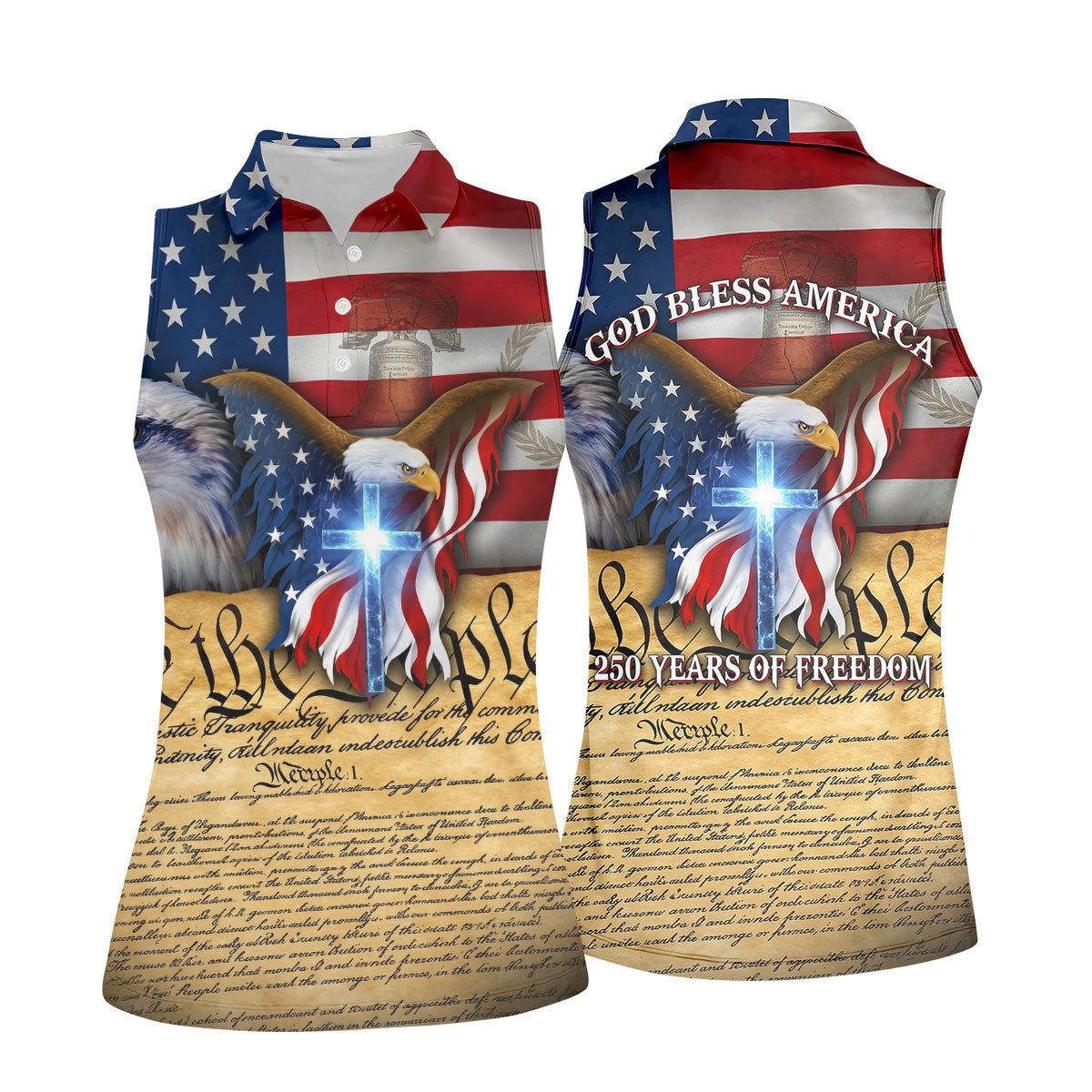God Bless America 250 Years Of Freedom Faith Cross Patriotic Golf Shirt, 4th Of July Golf Shirt For Women