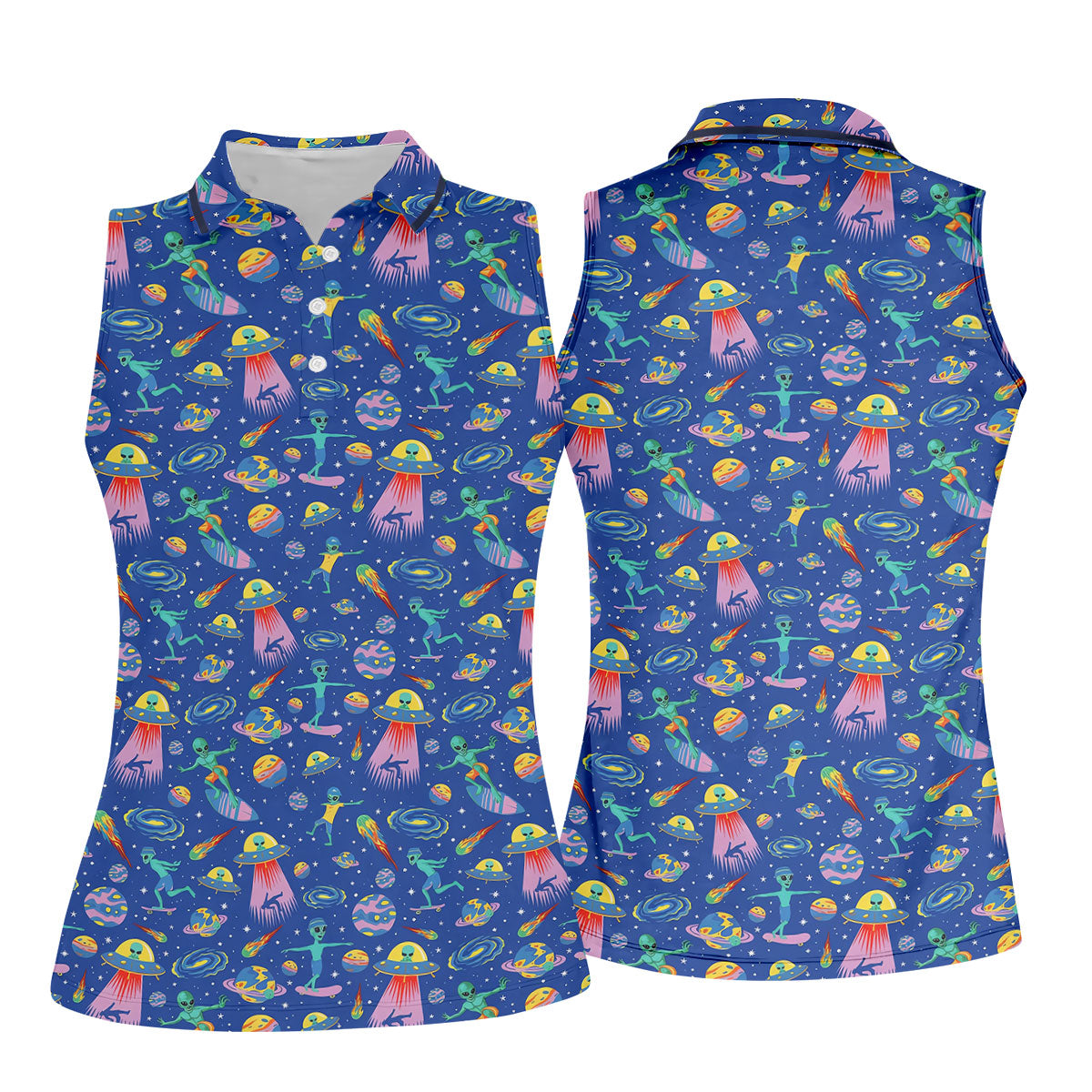 Surfing Alien Space Galaxy Hawaiian Golf Shirt, Golf Shirts For Women, Performance Golf Shirt