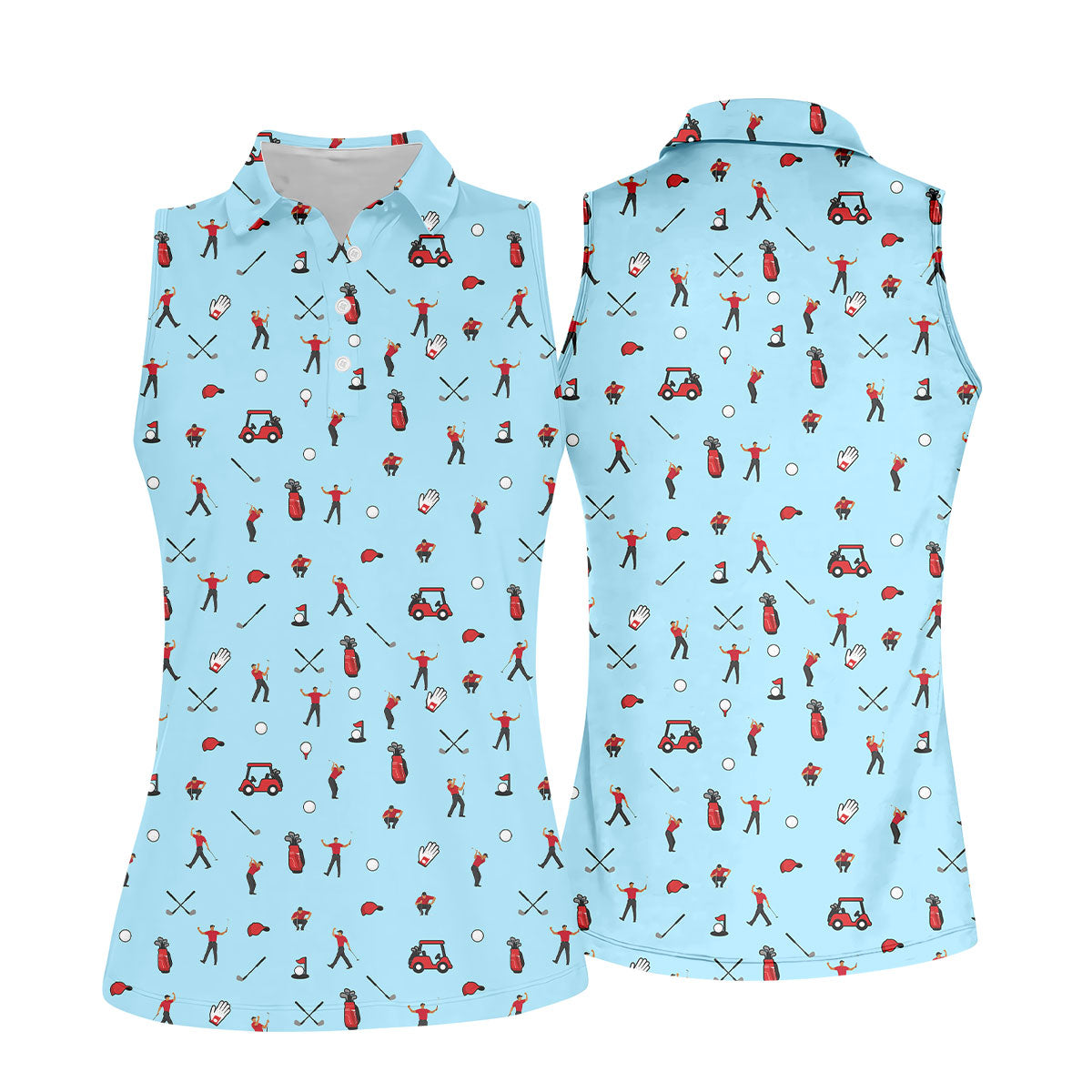 Blue Golf Player Pattern Polo Shirt, Women's Golf Tops, Ladies Golf Shirt
