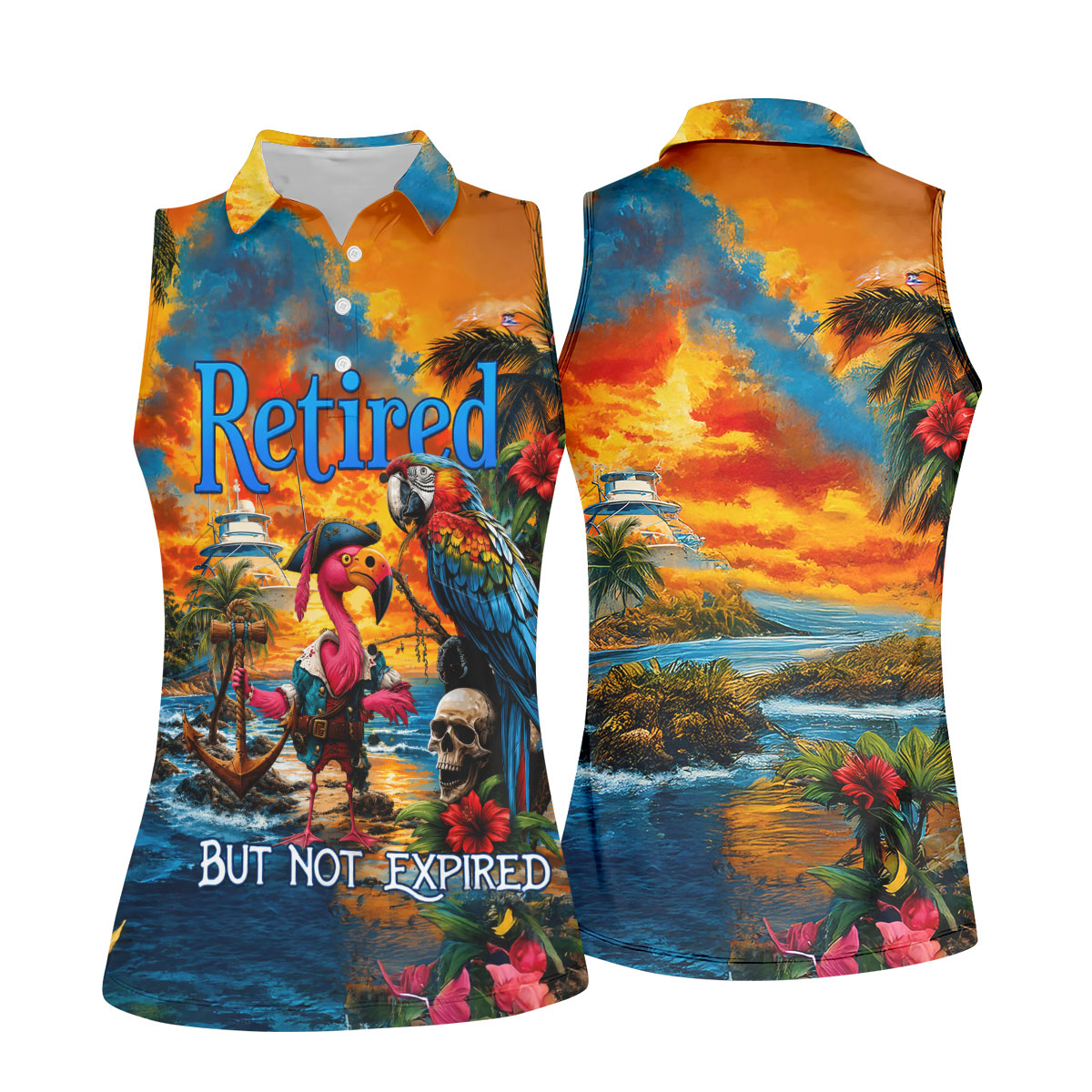 Retired Parrot Flamingo Pirate Tropical Golf Shirt, Women’s Golf Polo, Ladies Golf Shirts, Printed Golf Shirt