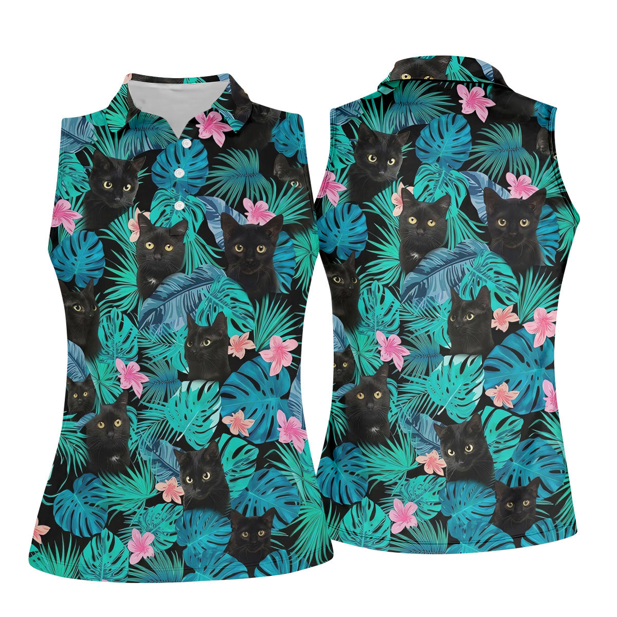 Black Cat Tropical Monstera Hawaiian Golf Polo Shirt, Golf Shirts For Women, Women's Golf Apparel
