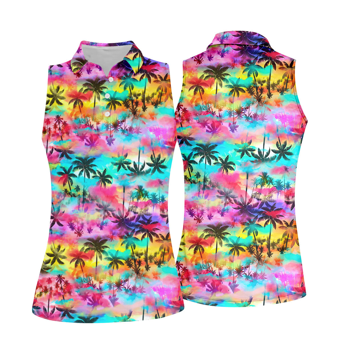 Watercolor Tropical Palm Golf Shirt, Colorful Sunset Hawaiian Polo, Polo Shirts For Women