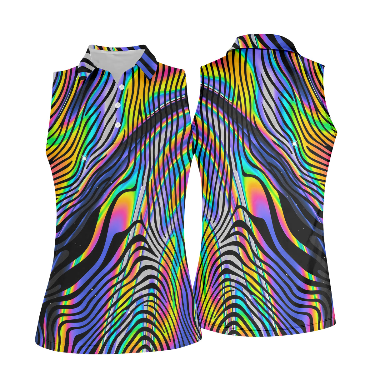 Rainbow Neon LGBT Support Zebra Pattern Ladies Golf Tops, Pride Month Golf Shirt For Women