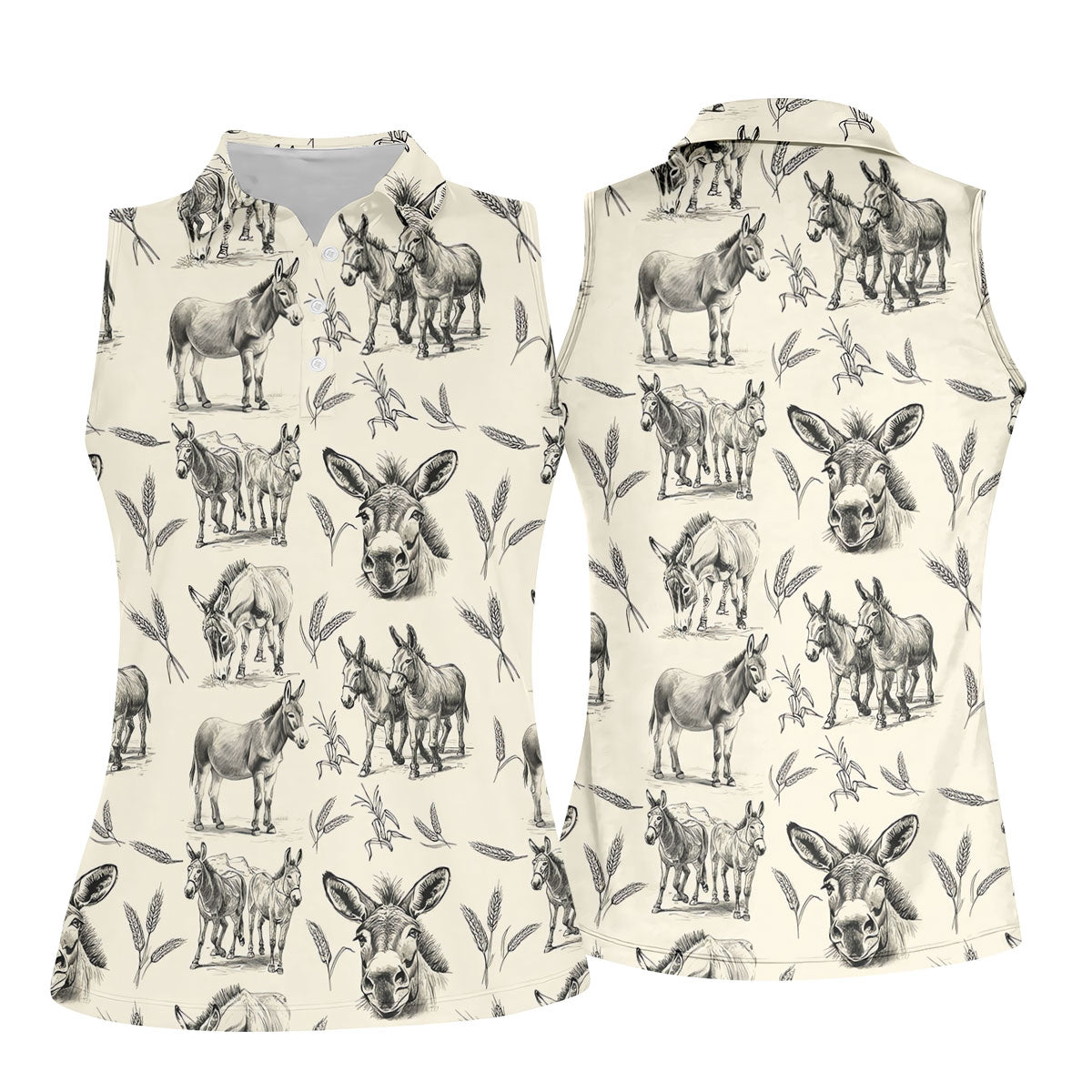 Vintage Donkey Sketch Pattern Hawaiian Golf Polo Shirt, Golf Shirts For Women, Women's Golf Apparel