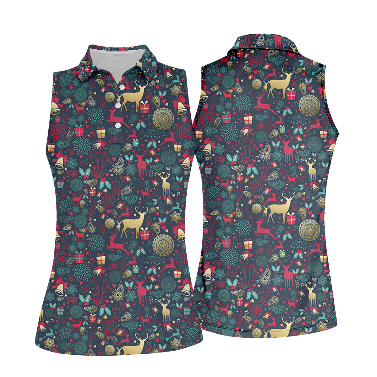 Vintage Reindeer Bell Dark Navy Christmas Golf Tops For Women, Gift Christmas Golf Shirt Polos, Ladies Golf Apparel