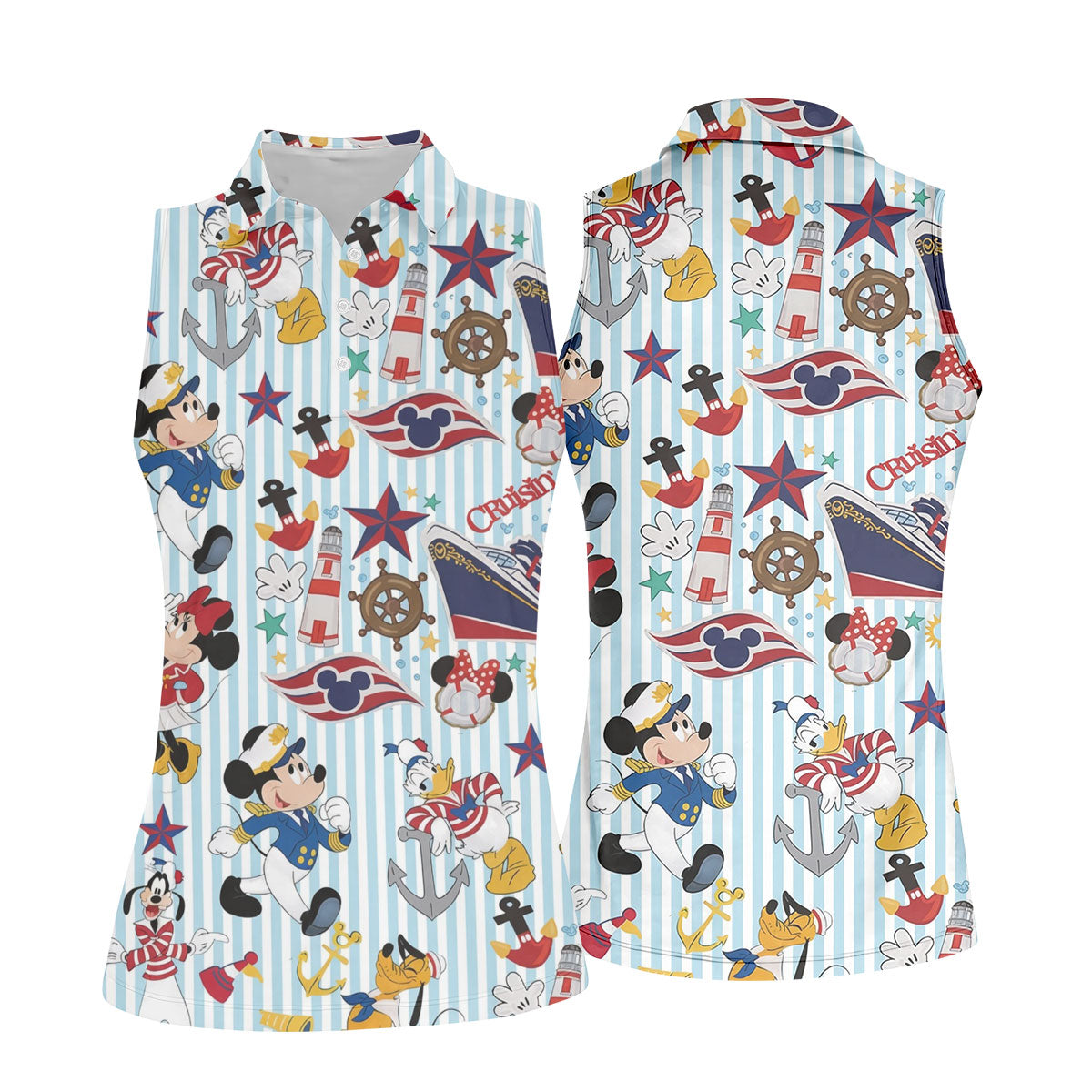 Nautical Cruise Cartoon Pattern Golf Polo Shirt, Womens Golf Tops, Ladies Golf Shirt