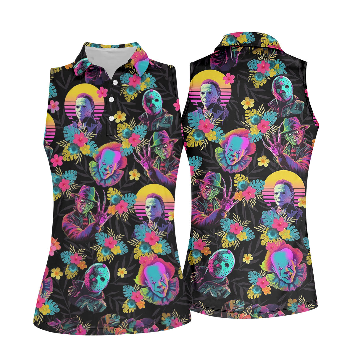 Neon Floral Halloween Horror Character Hawaiian Golf Shirt, Women's Golf Tops, Ladies Golf Shirts