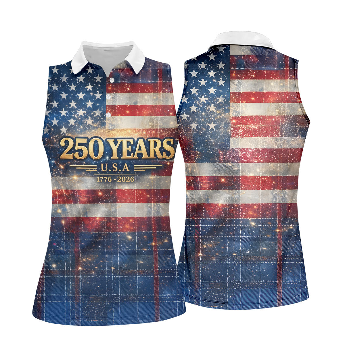 250 Years USA Galaxy Overlay Checkered Patriotic Golf Shirt, 4th Of July Golf Shirt For Women