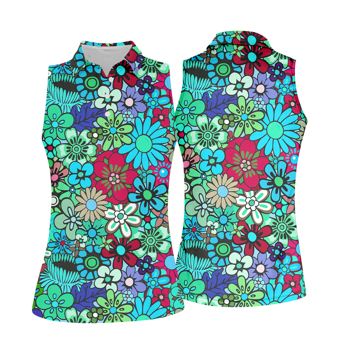 Blue Green Retro Flower Power Golf Shirt, Women’s Golf Polo, Hawaiian Golf Shirt, Golf Tops For Women