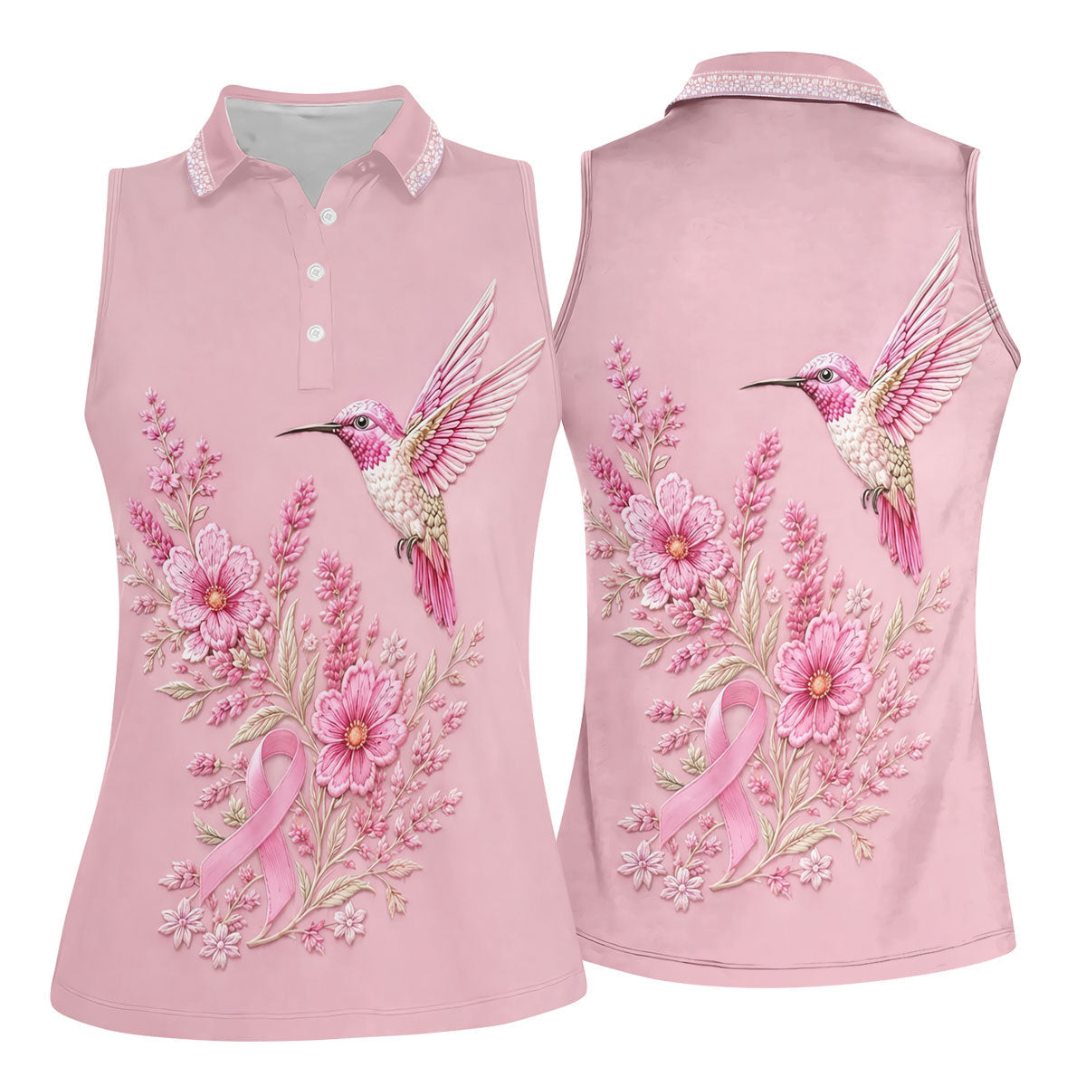 Hummingbird Floral Breast Cancer Ribbon Polo Shirt, Ladies Golf Tops, Golf Shirts For Women