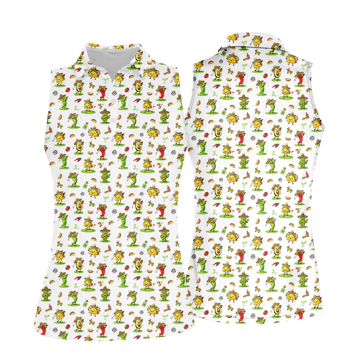 Mexican Cartoon Food Characters Cinco De Mayo Celebration Fiesta Themed White Golf Shirt For Women