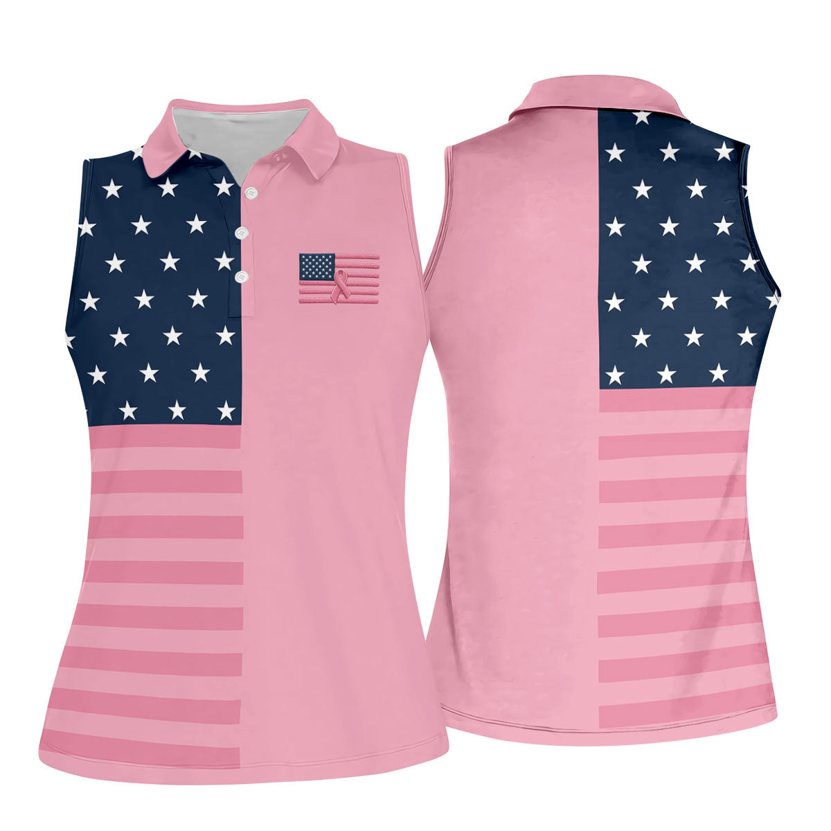 Printed Pink USA Flag Breast Cancer Polo Shirt, Golf Tops For Women, Printed Golf Shirt
