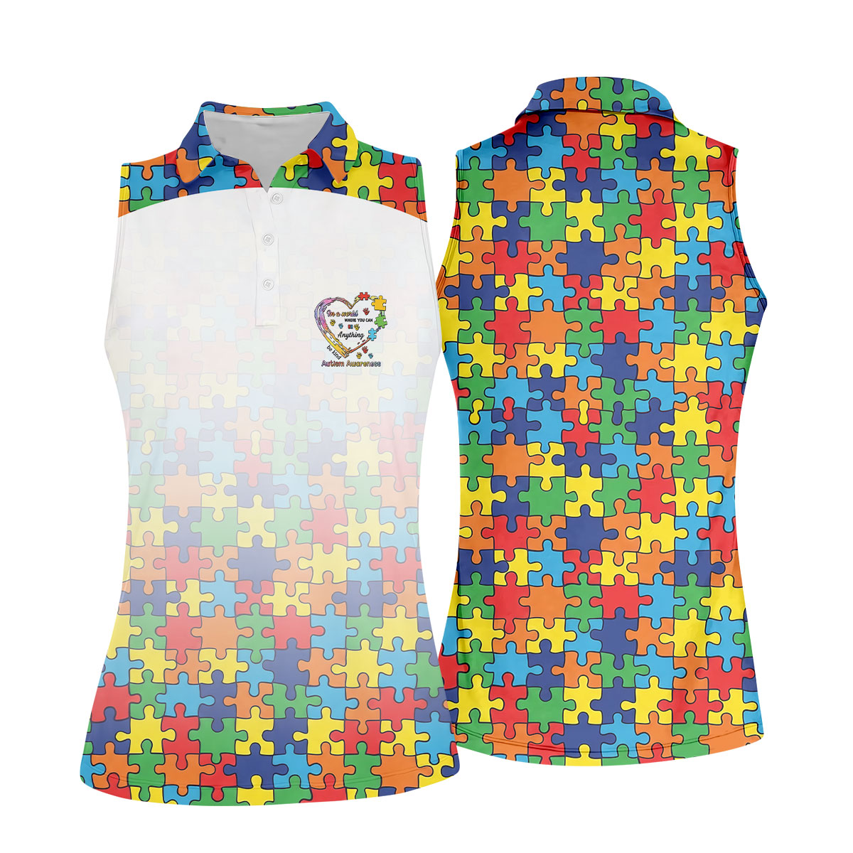 In A World Where You Can Be Anything Be Kind Autism Awareness Puzzle Pattern White Fade Women's Golf Tops