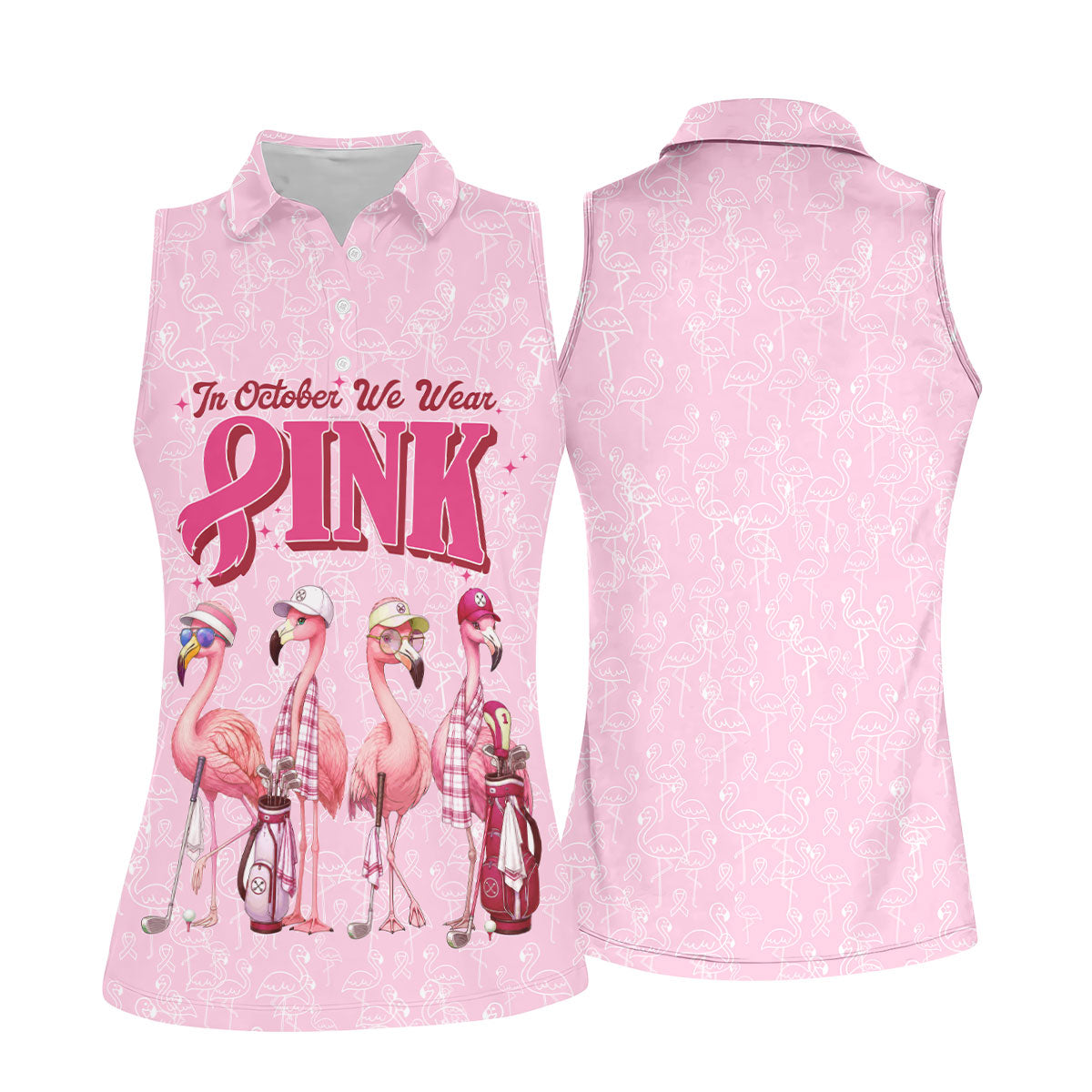In October We Wear Pink Flamingo Breast Cancer Polo, Ladies Golf Shirts, Womens Golf Tops