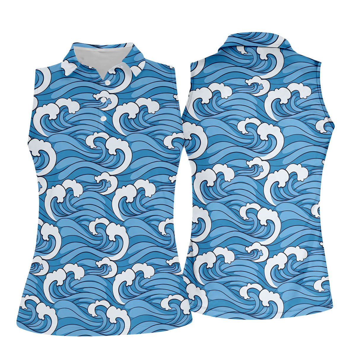 Japanese Wave Golf Shirt, Ocean Wave Pattern Women's Golf Polo, Polo Shirts For Women