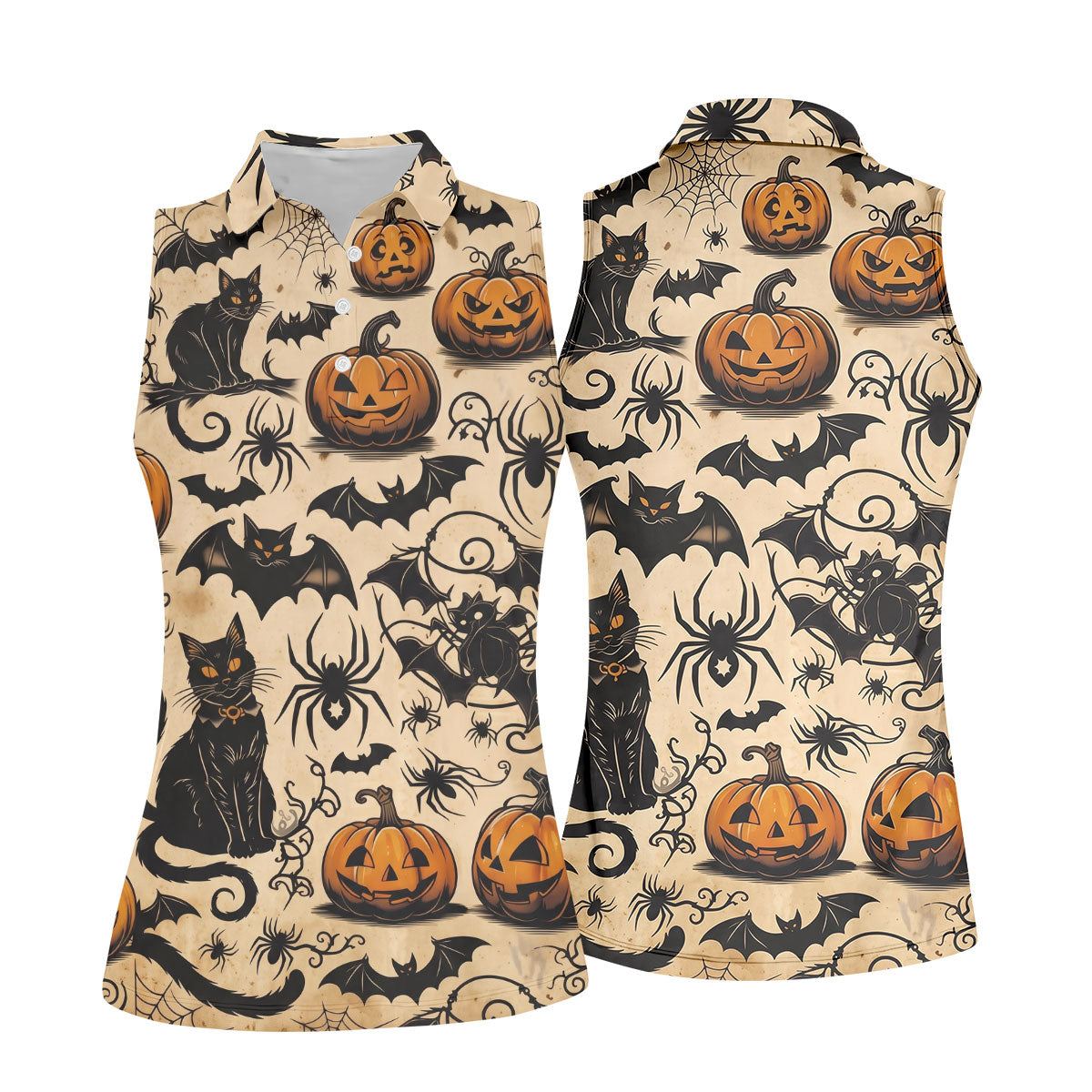 Vintage Halloween Cat Pumpkin Pattern Golf Polo Shirt, Womens Golf Polo, Ladies Golf Shirts