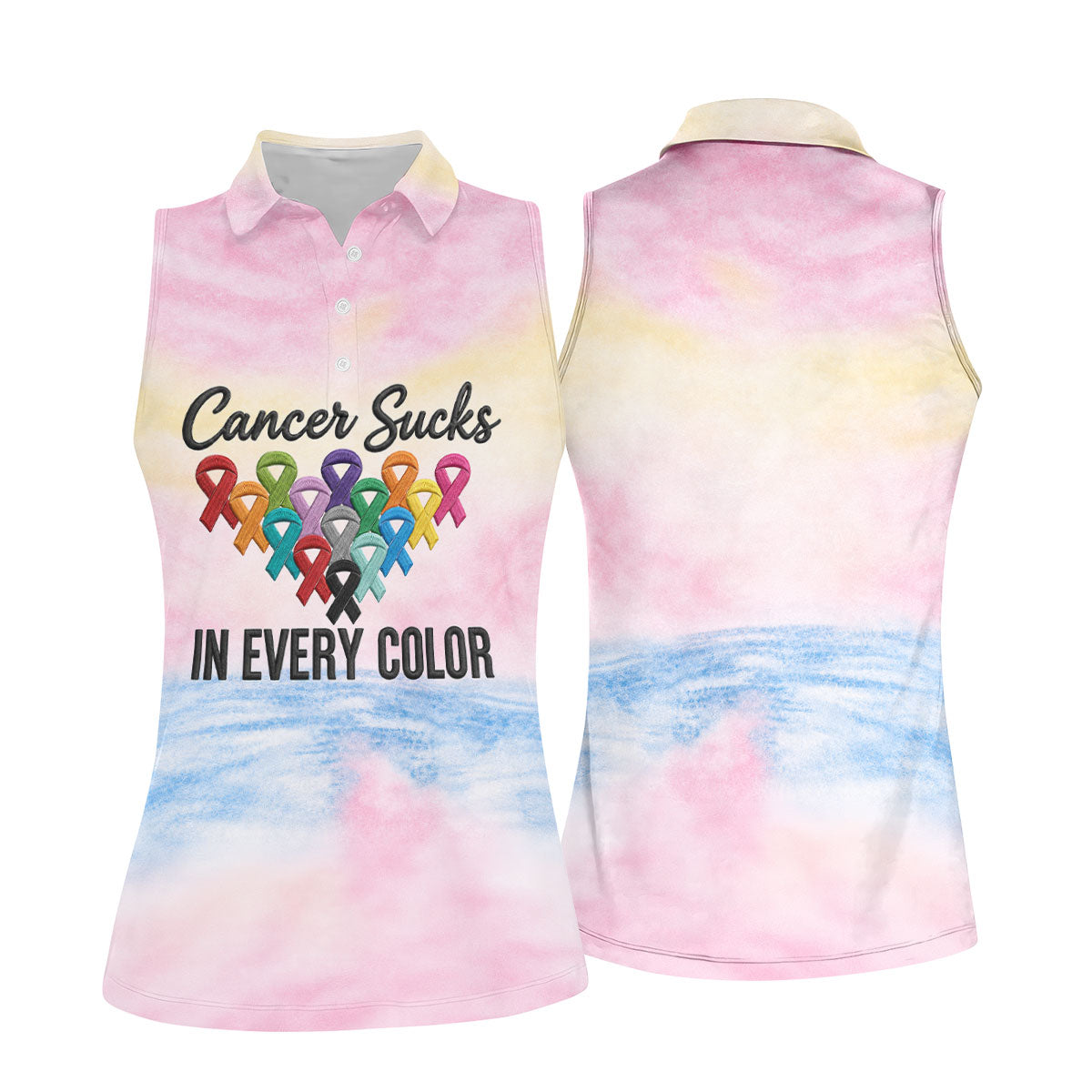 Cancer Sucks In Every Color Ribbon Polo Shirt, Ladies Golf Tops, Women’s Golf Polo