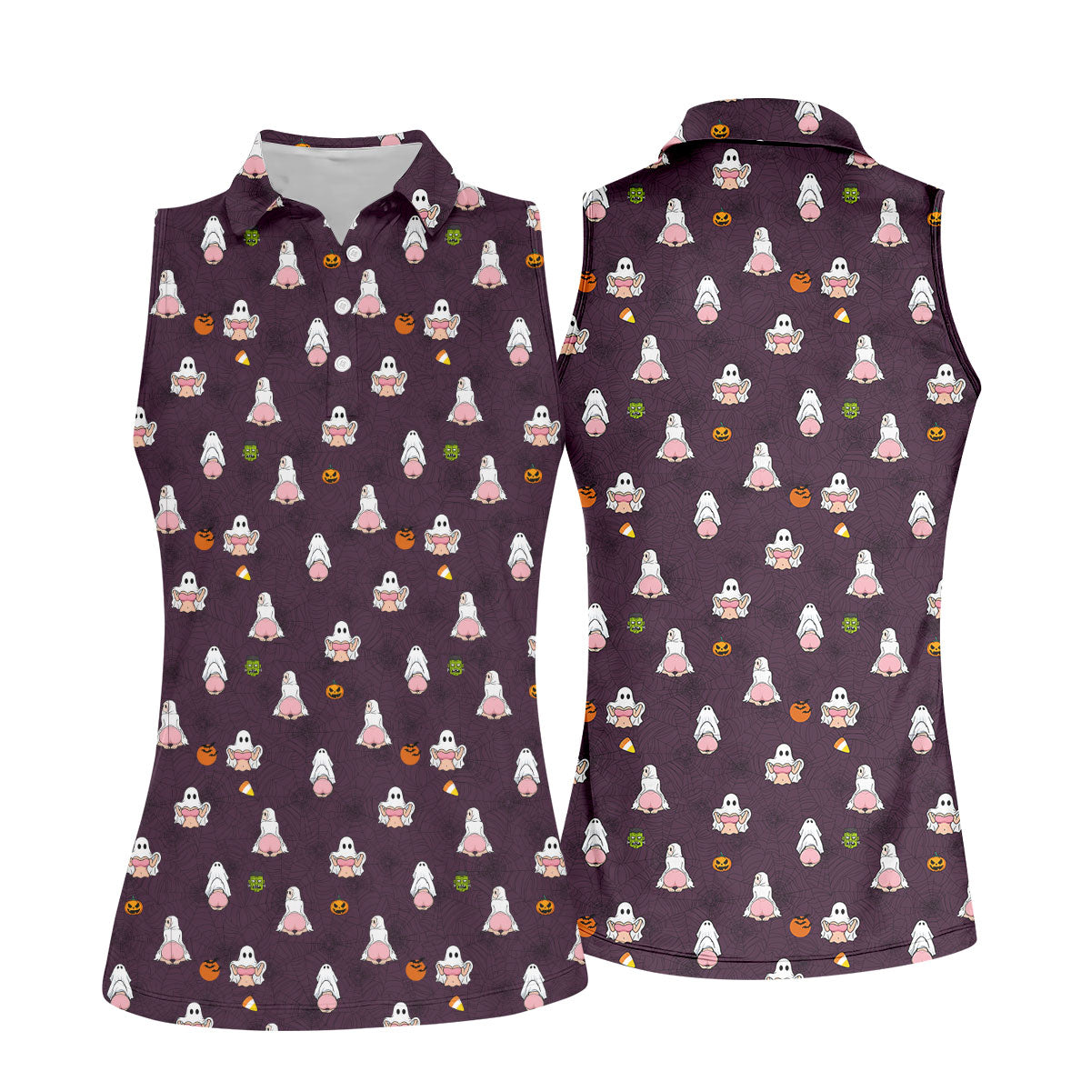 Cute Ghost Butt Halloween Pattern Golf Polo Shirt, Womens Golf Tops, Ladies Golf Shirts