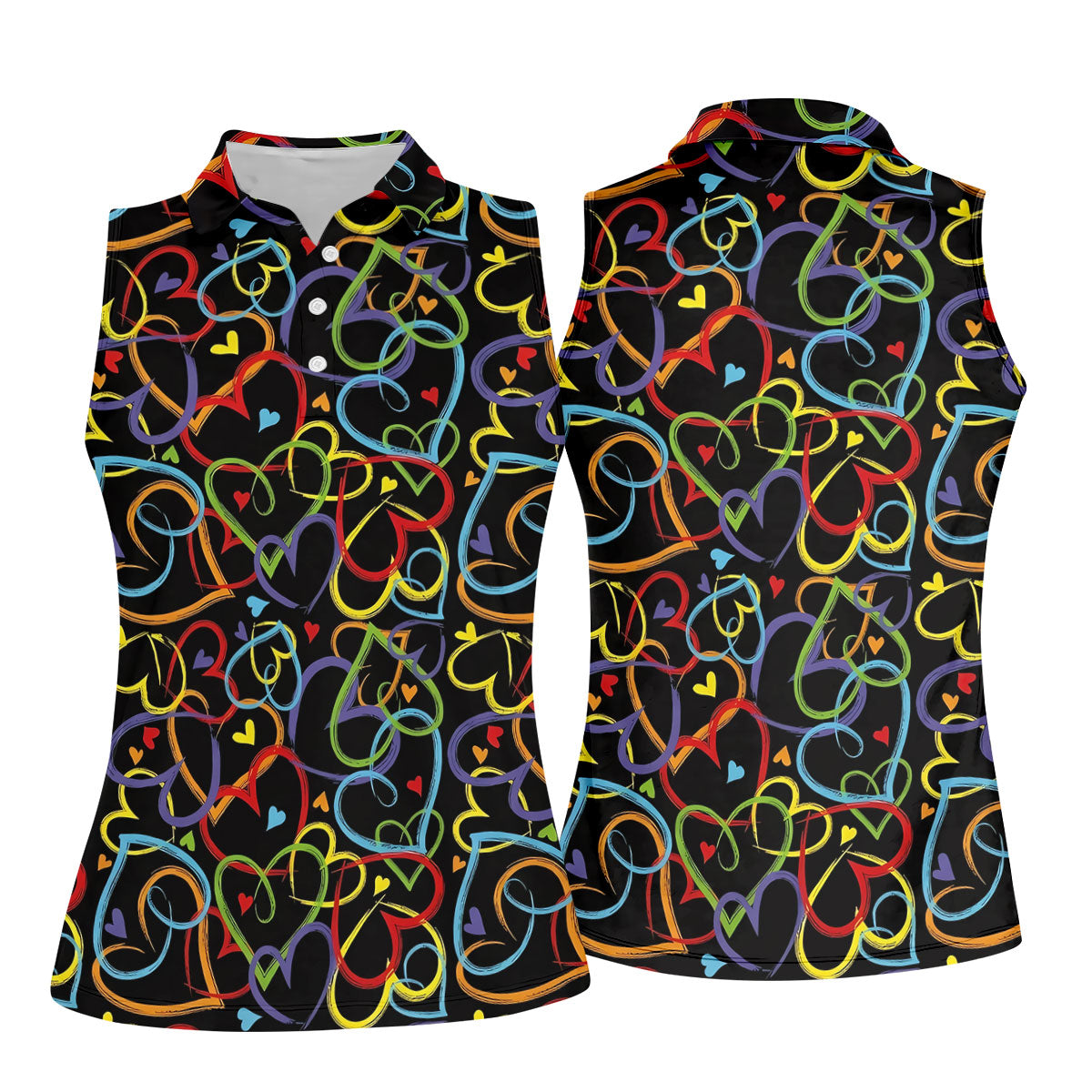 Colorful Heart Outline Pattern Golf Polo Shirt, Golf Shirts For Women, Ladies Golf Shirt