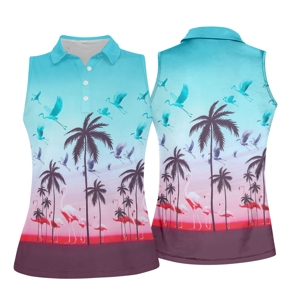Tropical Flamingo Sunset Hawaiian Golf Shirt, Women's Golf Apparel, Golf Shirts For Women