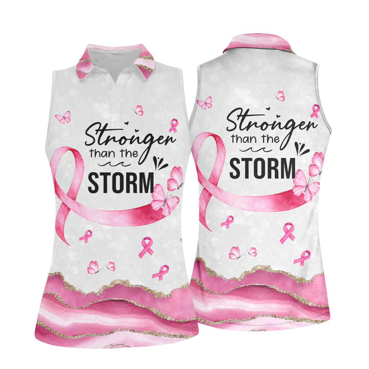 Stronger Than The Storm Breast Cancer Polo Shirt, Golf Tops For Women, Ladies Golf Top