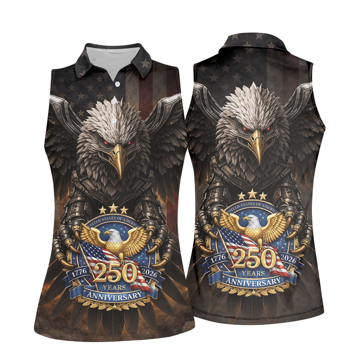 250 Years Fierce Eagle American Flag Retro Golf Shirt, Patriotic 4th Of July Golf Shirt For Women