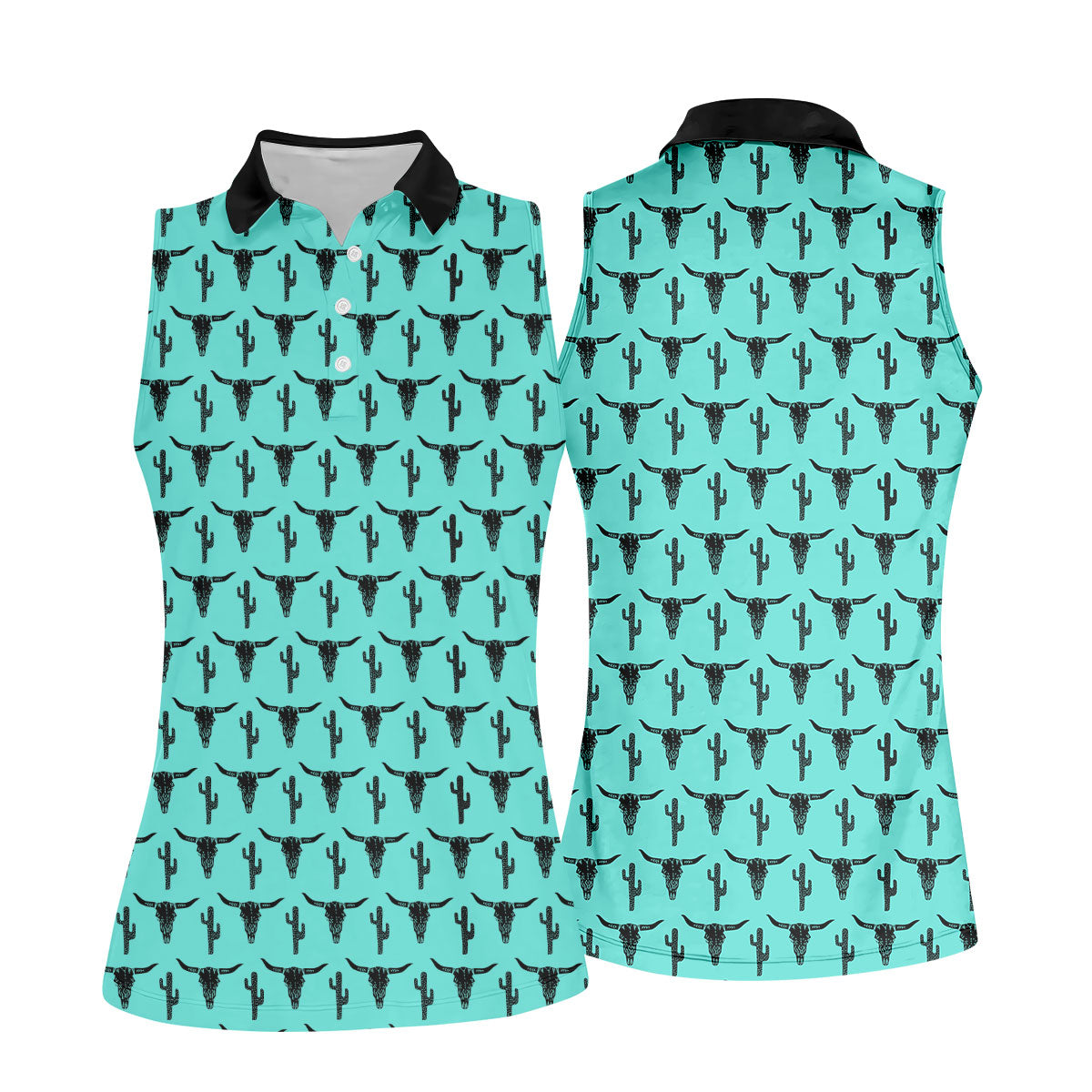 Longhorn Cow Skull Western Theme Peacock Blue Women Golf Top, Ladies Golf Shirts, Golf Shirt For Women