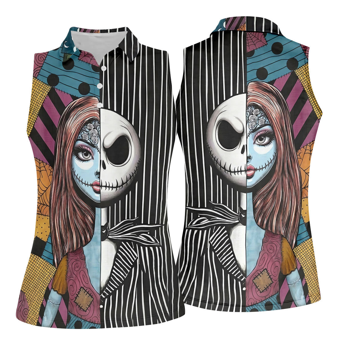Half Sally And Jack Horror Character Golf Polo Shirt, Women's Golf Polo, Ladies Golf Shirts