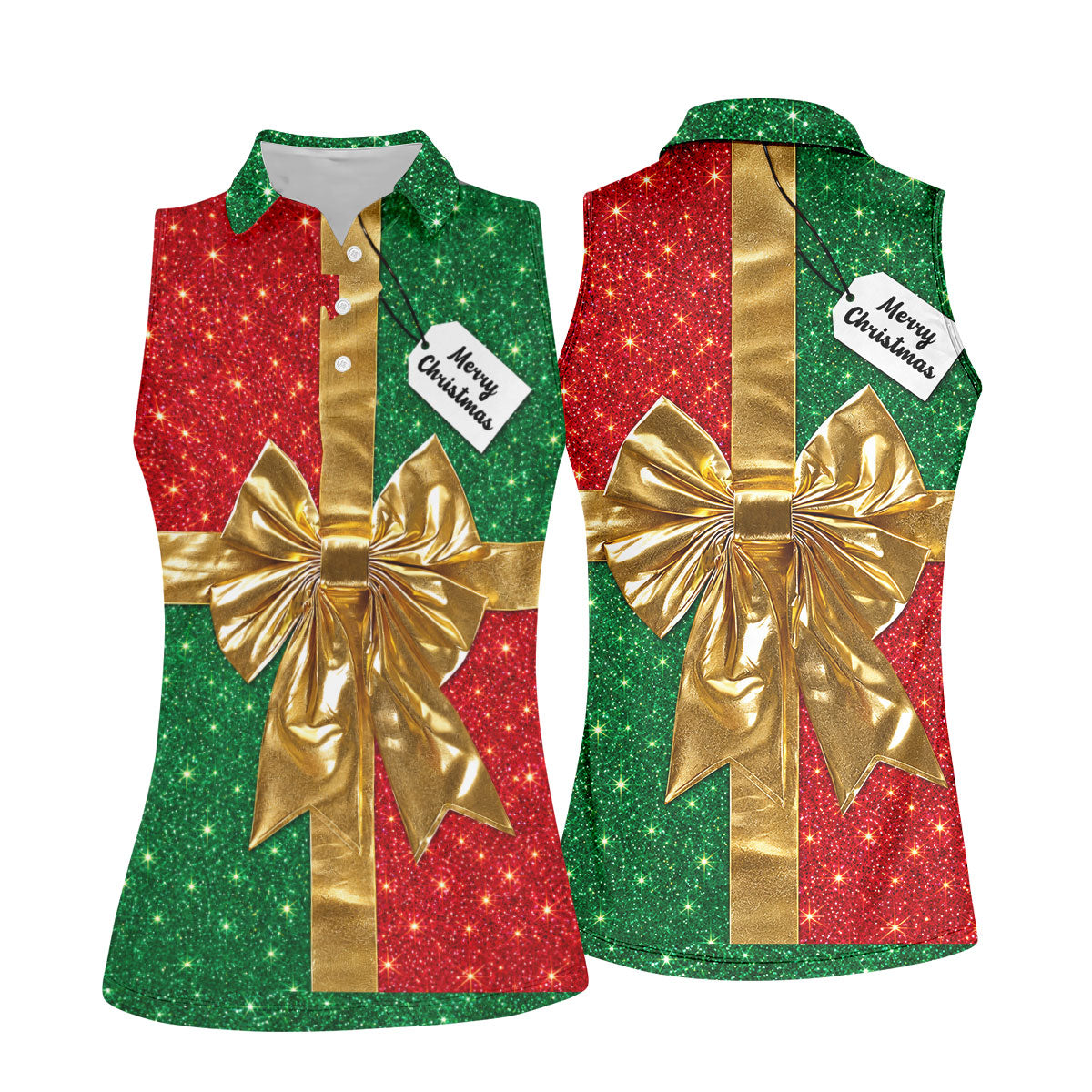Merry Christmas Golden Gift Bow Golf Polo Shirt, Ladies Golf Shirts, Golf Shirts For Women