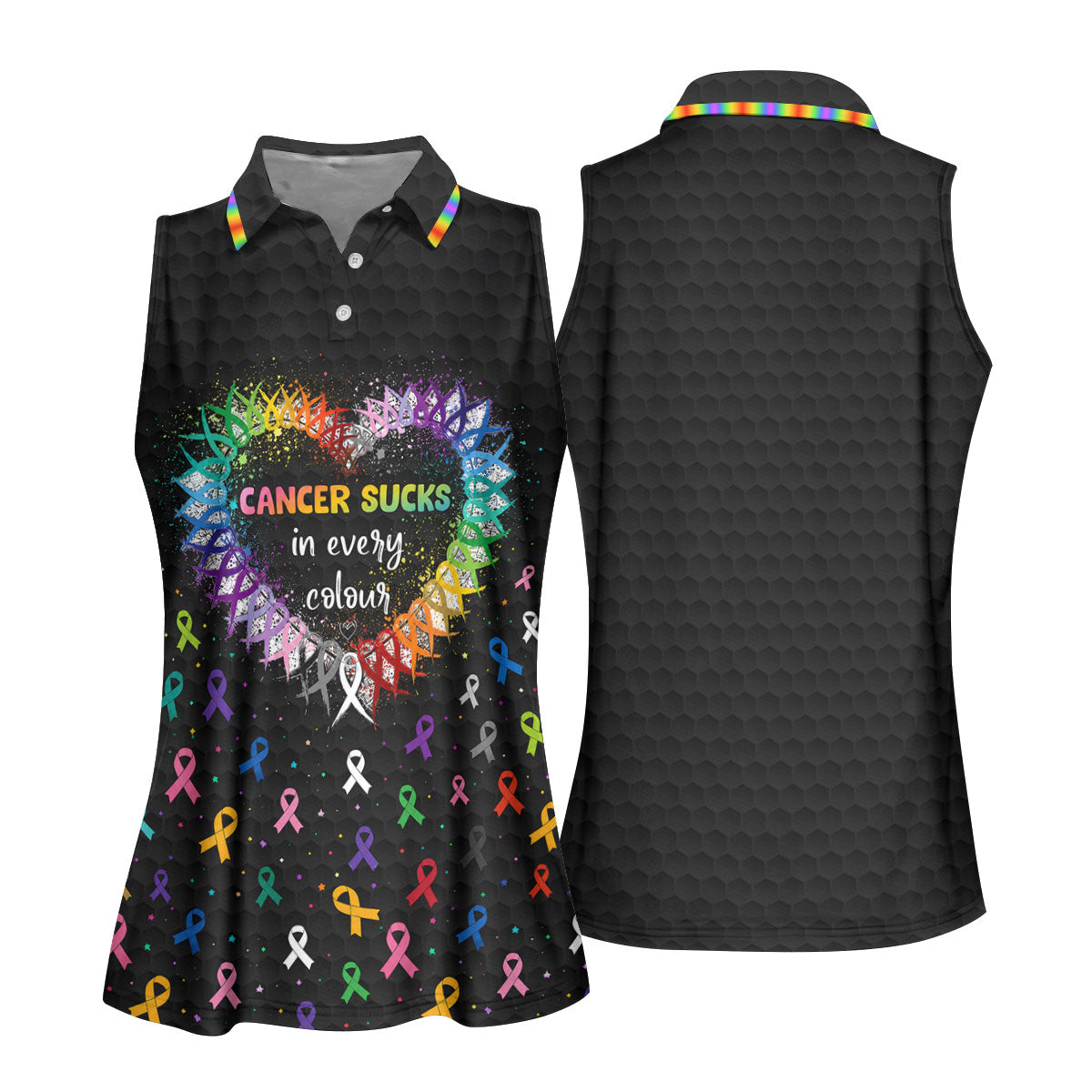 Cancer Sucks In Every Colour Awareness Ribbon Golf Polo Shirt, Golf Tops For Women
