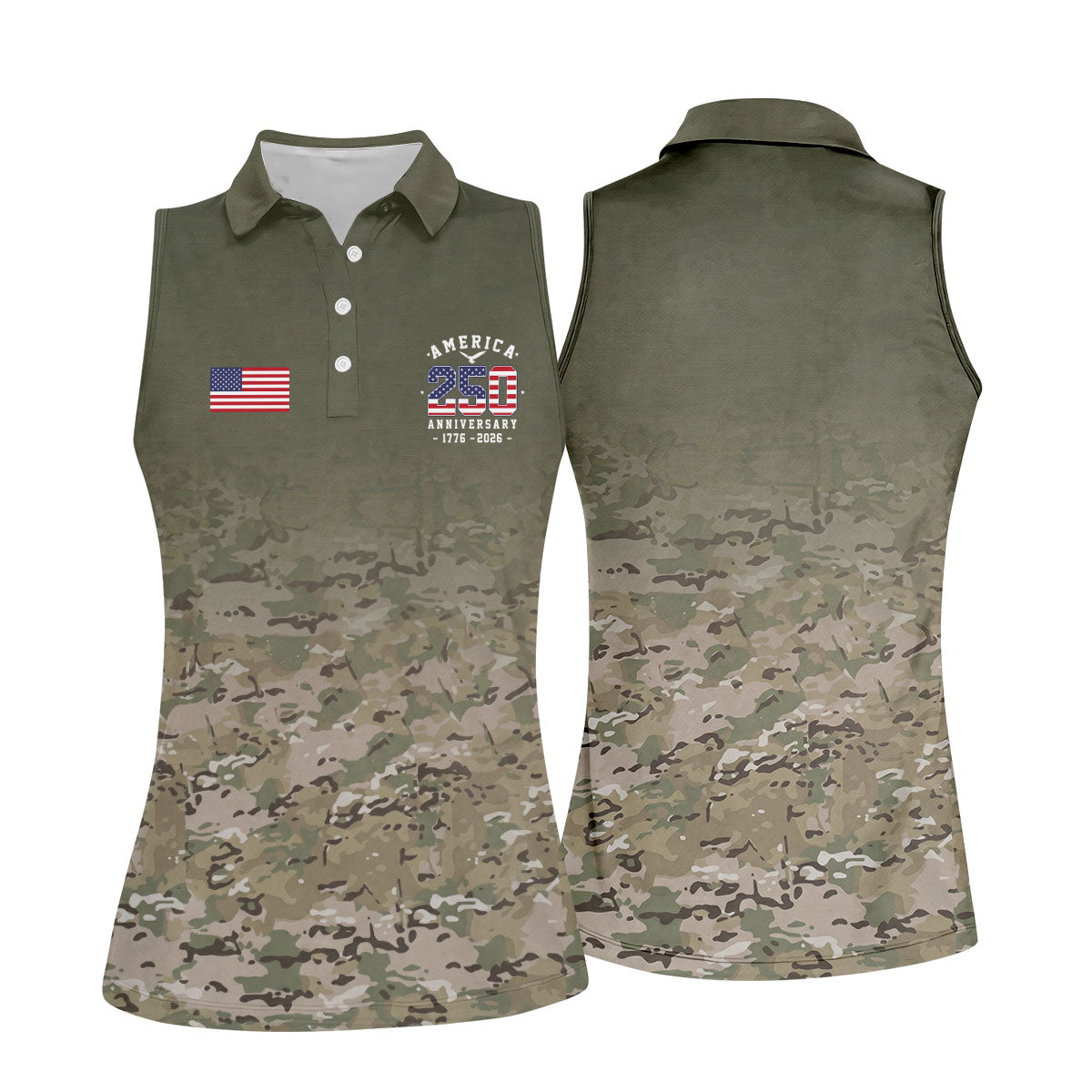 Custom America 250 Military Camo Golf Polo Shirt, Ladies Golf Shirts, Women's Golf Polo