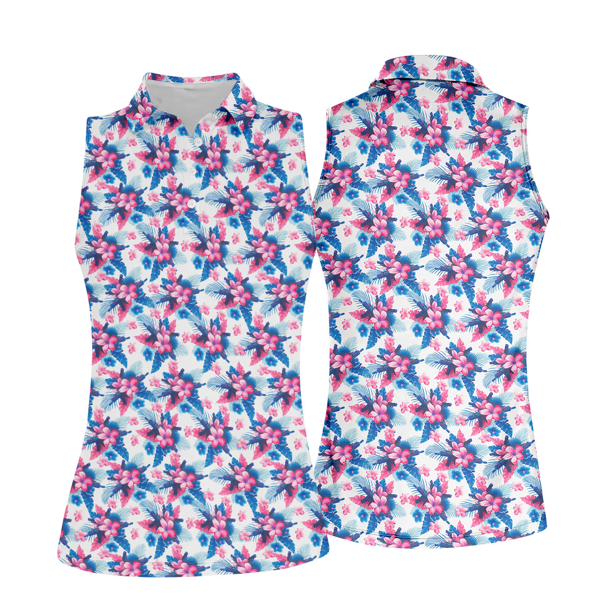 Pink Blue Tropical Floral Hawaiian Golf Shirt, Vibrant Color Golf Shirt For Women